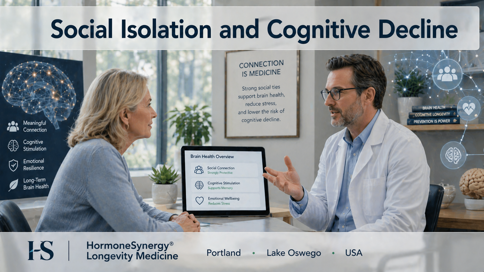Clinical consultation illustrating the impact of social isolation on cognitive decline and brain health in longevity medicine