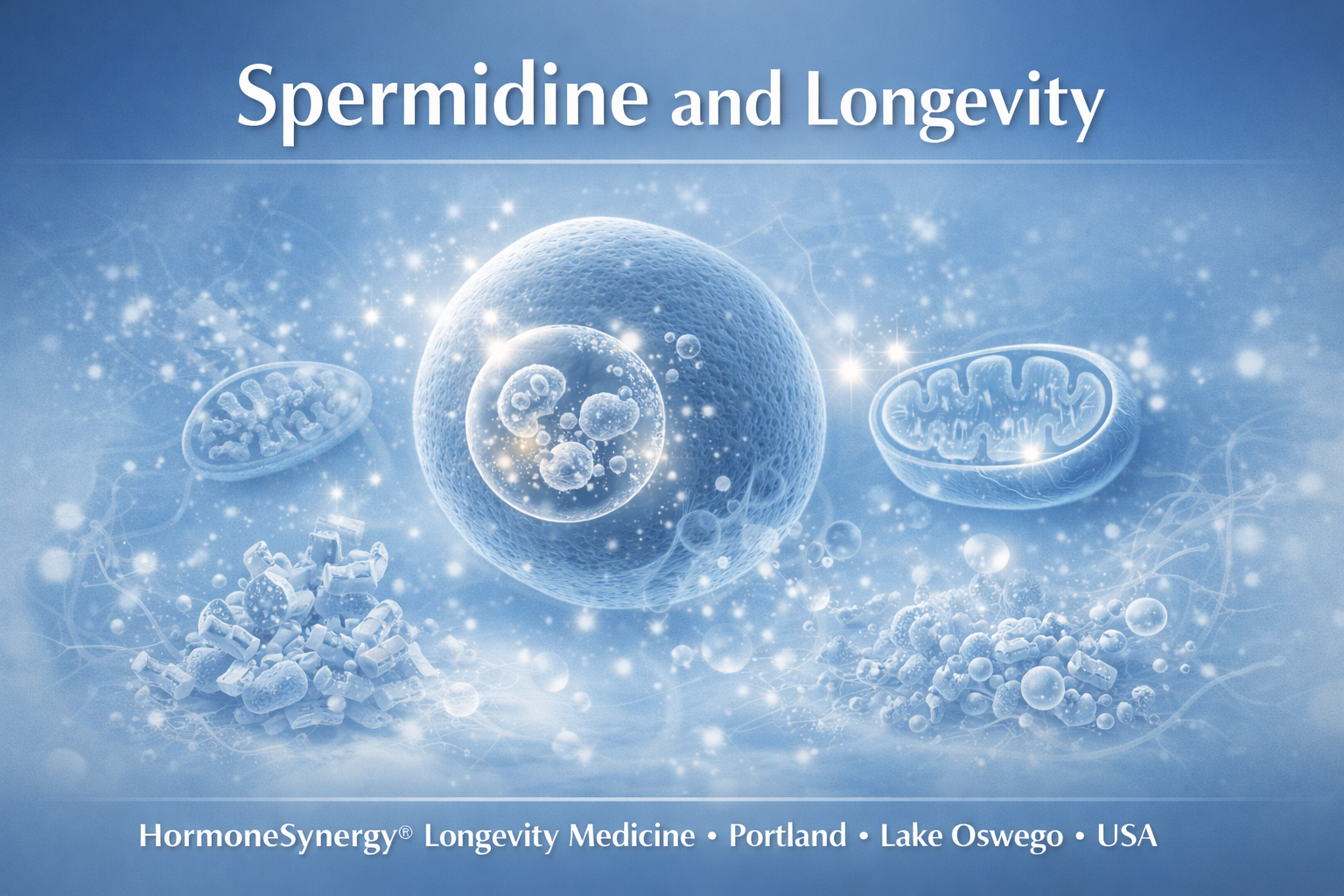 Spermidine and Longevity clinical editorial image showing autophagy and cellular renewal in HormoneSynergy®
