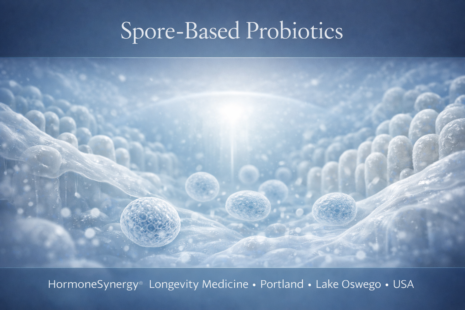 Clinical editorial banner showing spore-based probiotics and microbiome resilience in HormoneSynergy®