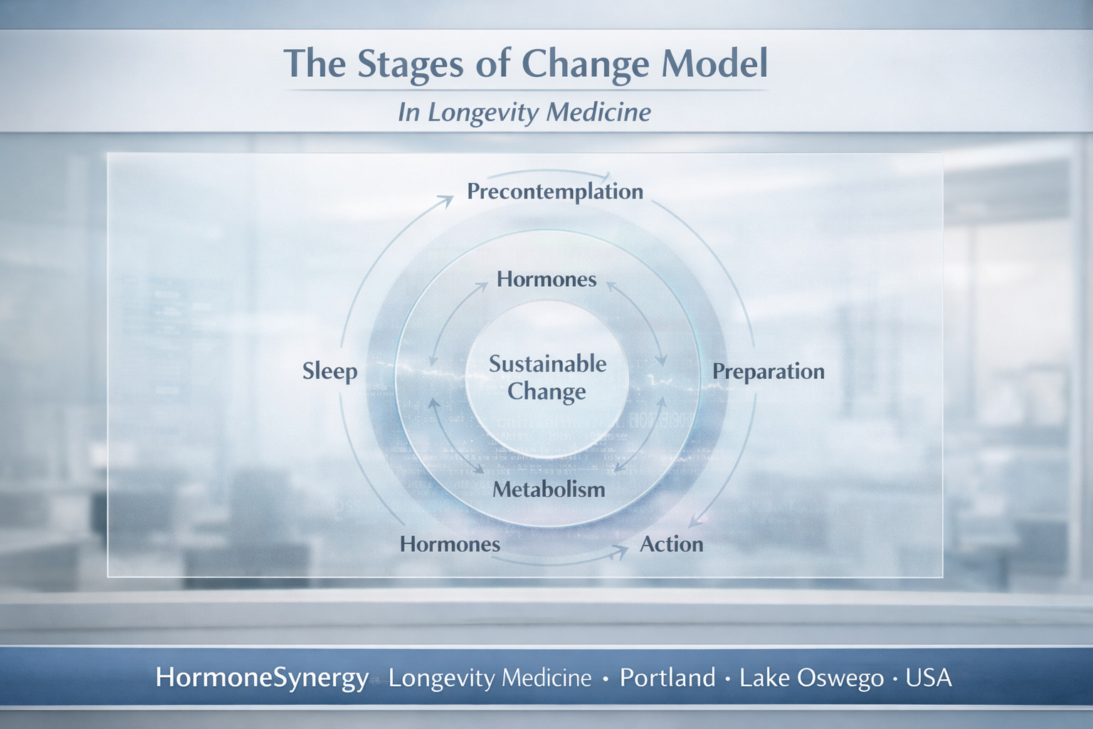 HormoneSynergy® Longevity Medicine clinical diagram showing the stages of change: Precontemplation, Contemplation, Preparation, Action, and Maintenance