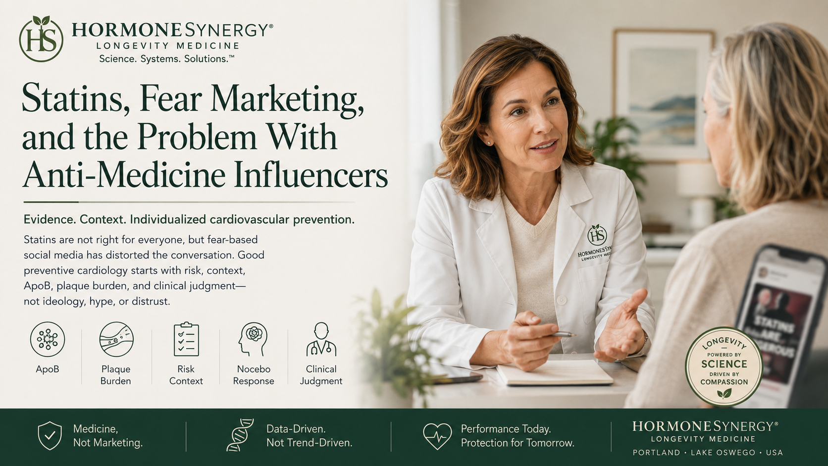Female physician reviewing ApoB, vascular plaque, and cardiovascular risk data beside a blurred social media misinformation screen for a HormoneSynergy article on statins, fear marketing, and preventive cardiology in Portland and Lake Oswego.