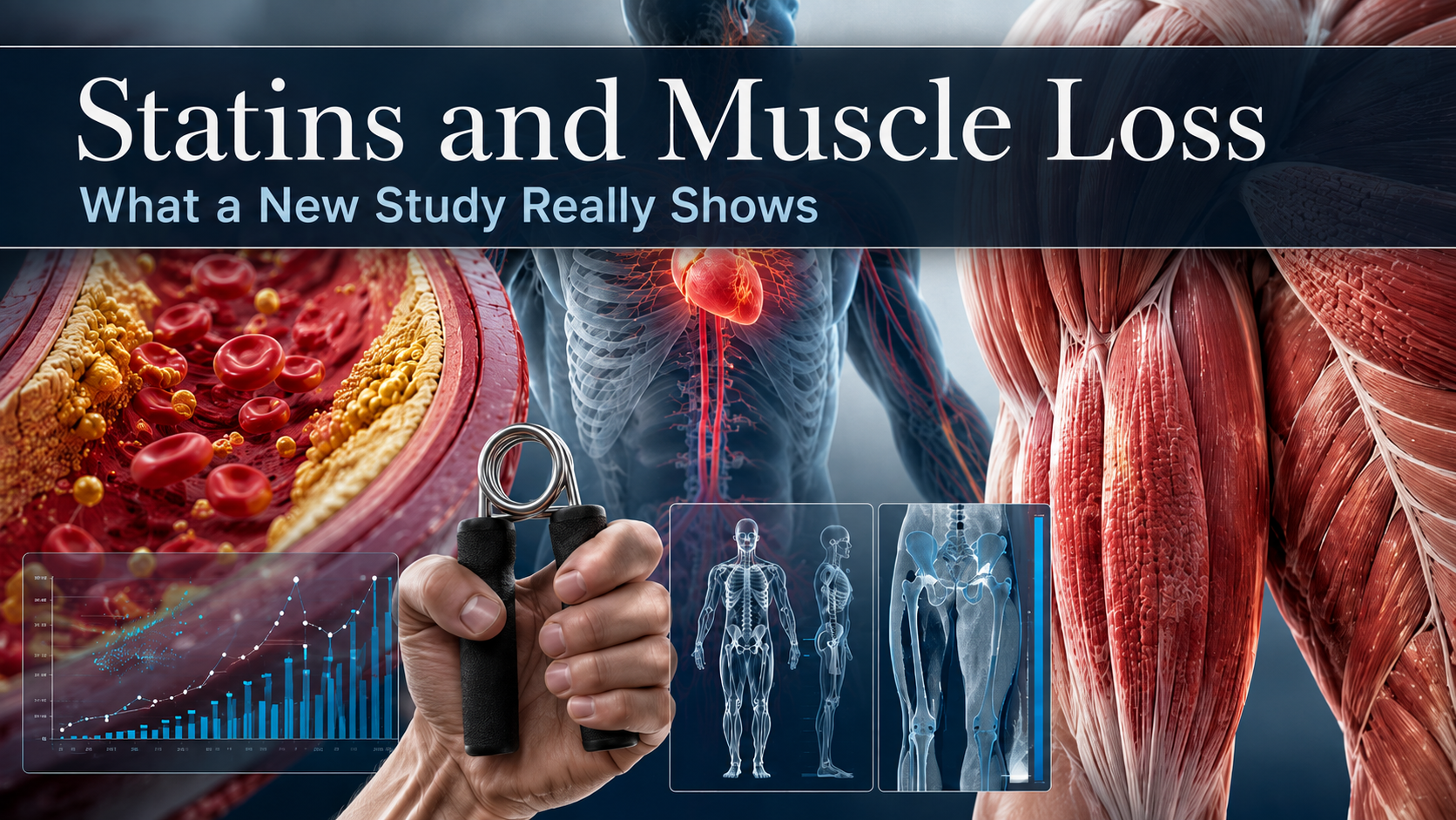 Statins, muscle mass, grip strength, and cardiovascular longevity illustrated with artery and skeletal muscle imagery.