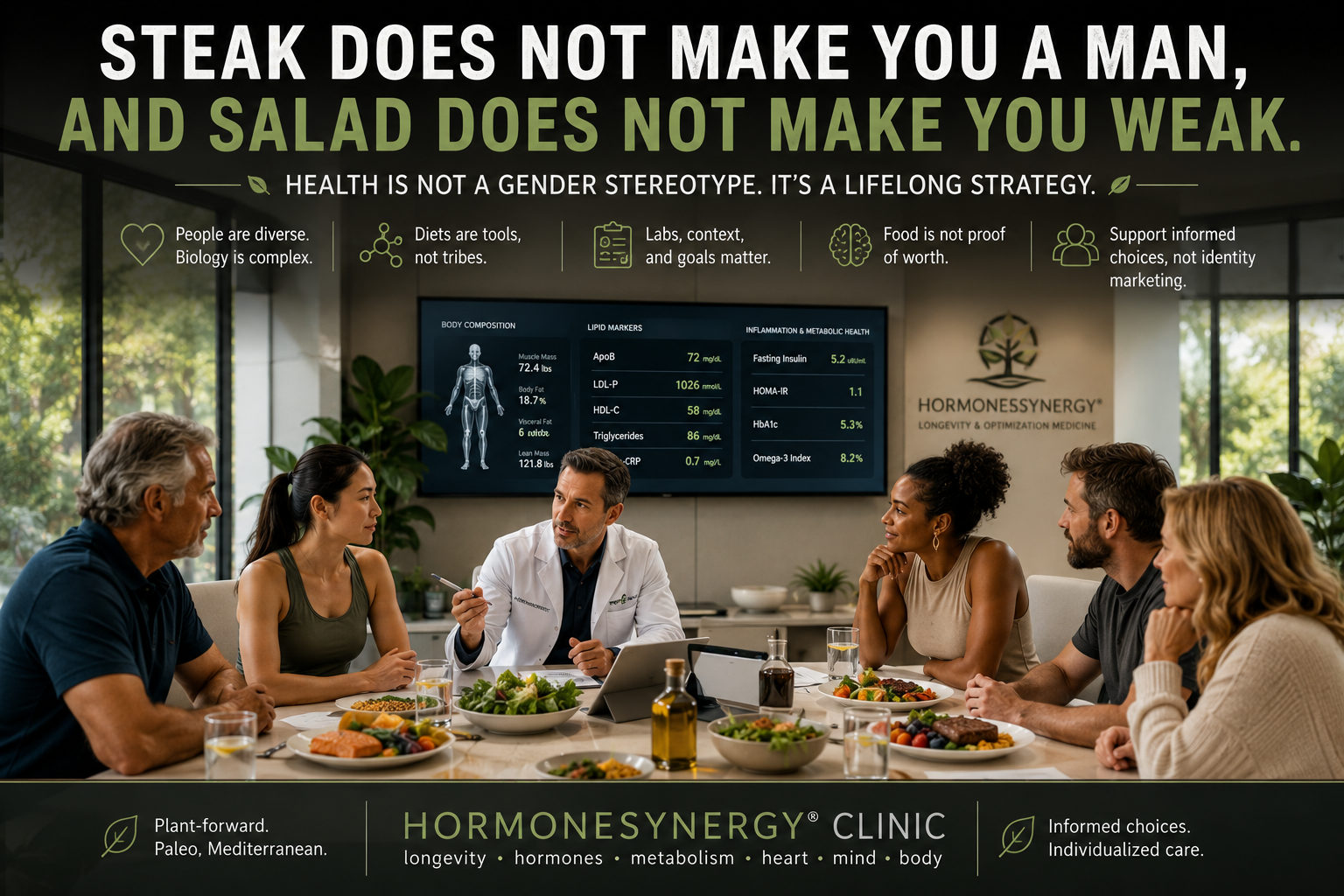 Diverse patients discussing nutrition and long-term health goals in a HormoneSynergy® Clinic setting, reflecting a non-stereotyped approach to diet, body composition, and longevity medicine.