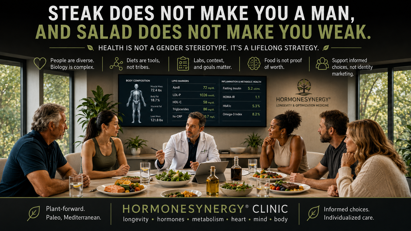 HormoneSynergy Clinic consultation showing diverse adults discussing nutrition, labs, body composition, heart health, and individualized longevity care, with the message “Steak does not make you a man, and salad does not make you weak.”