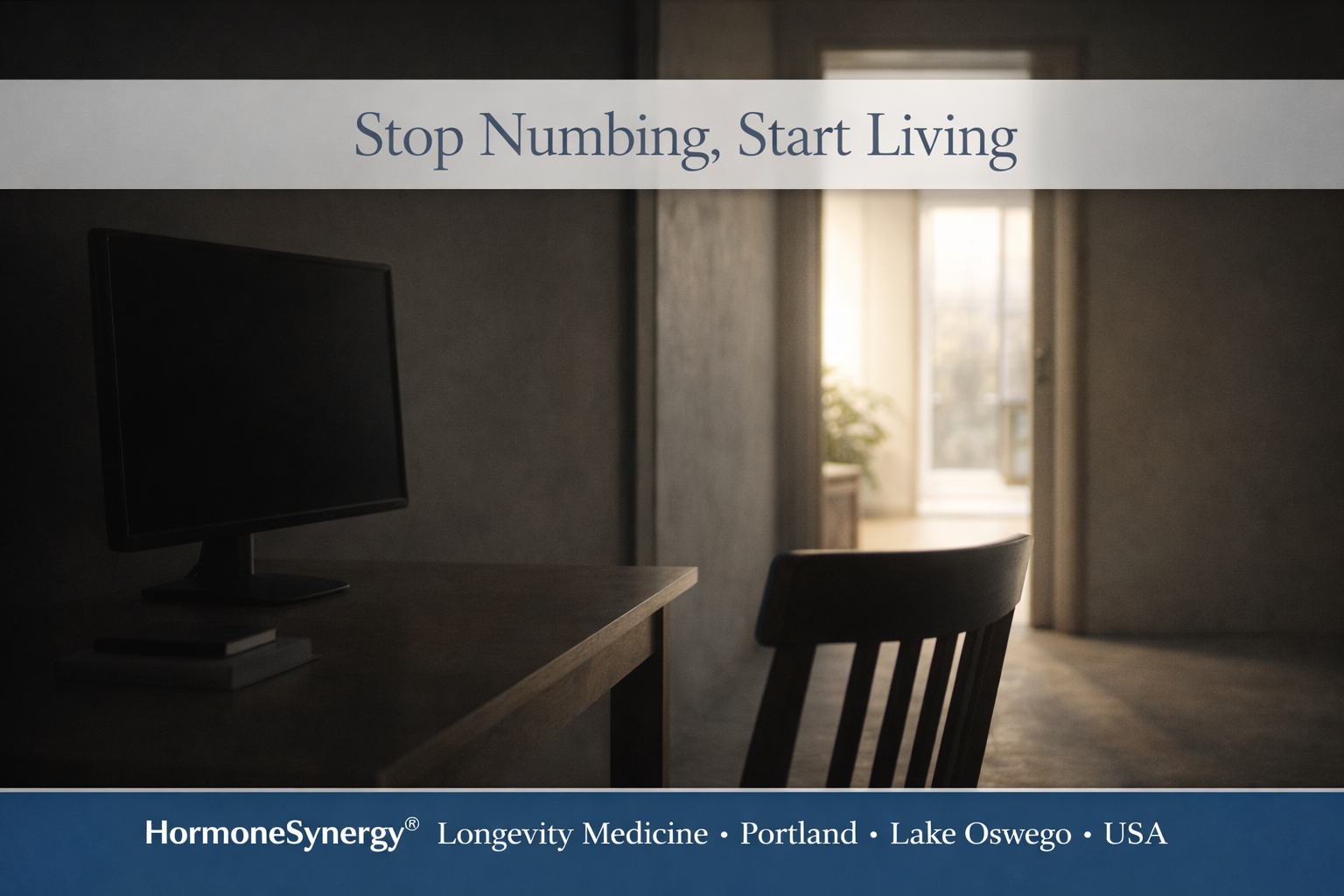 Stop Numbing, Start Living hero image for HormoneSynergy® Longevity Medicine showing a dim room with a dark screen and open doorway into natural light representing distraction, presence, and returning to real life