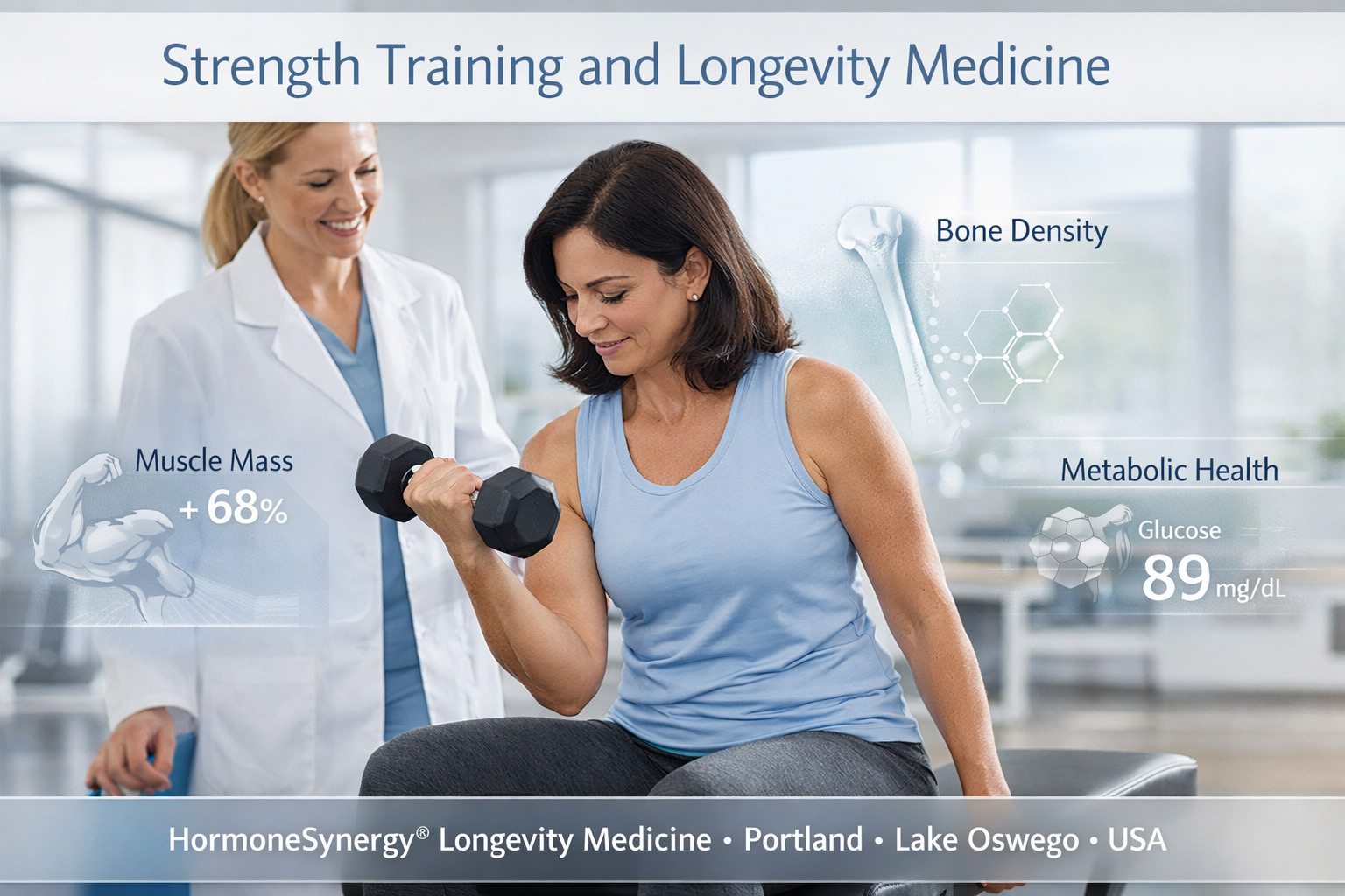 Woman performing strength training in a clinical longevity medicine setting to illustrate muscle mass, metabolic health, and healthy aging.