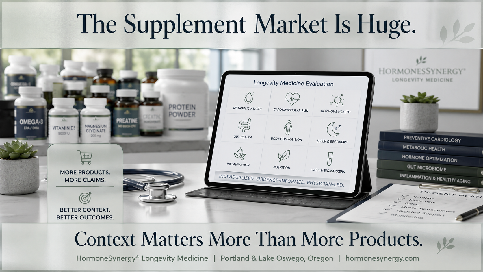 Clinical longevity medicine image showing supplement bottles placed in the background with a medical evaluation framework, representing why supplement decisions need context.