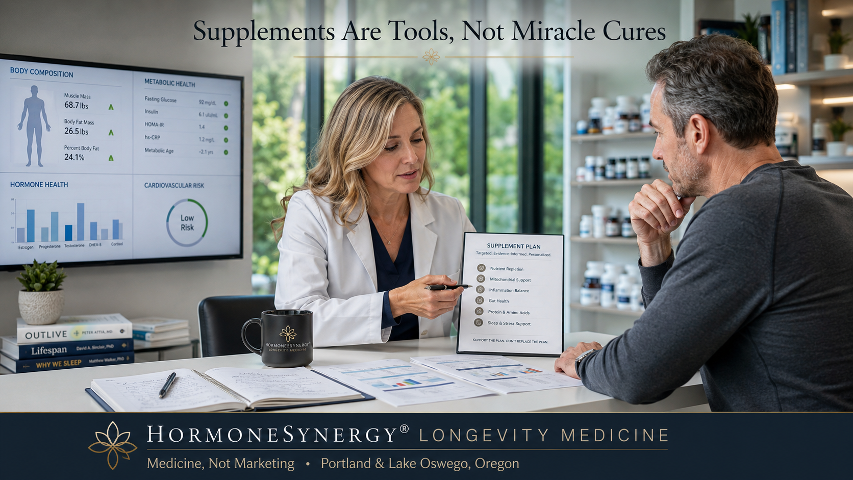 Physician and patient discussing supplements as part of a responsible longevity medicine plan at HormoneSynergy in Lake Oswego, Oregon.