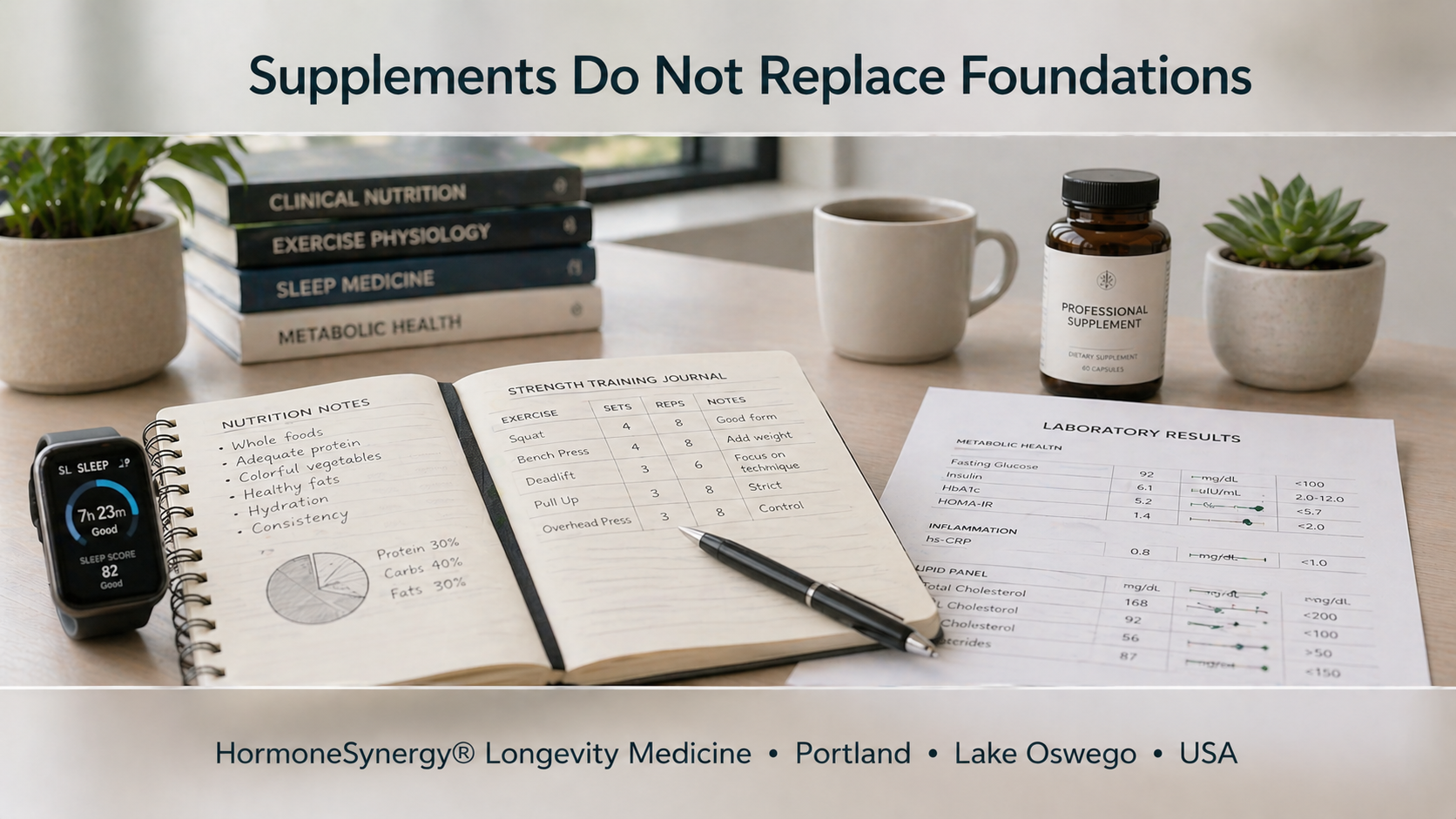 Supplements shown in clinical context alongside sleep nutrition movement and metabolic health foundations.