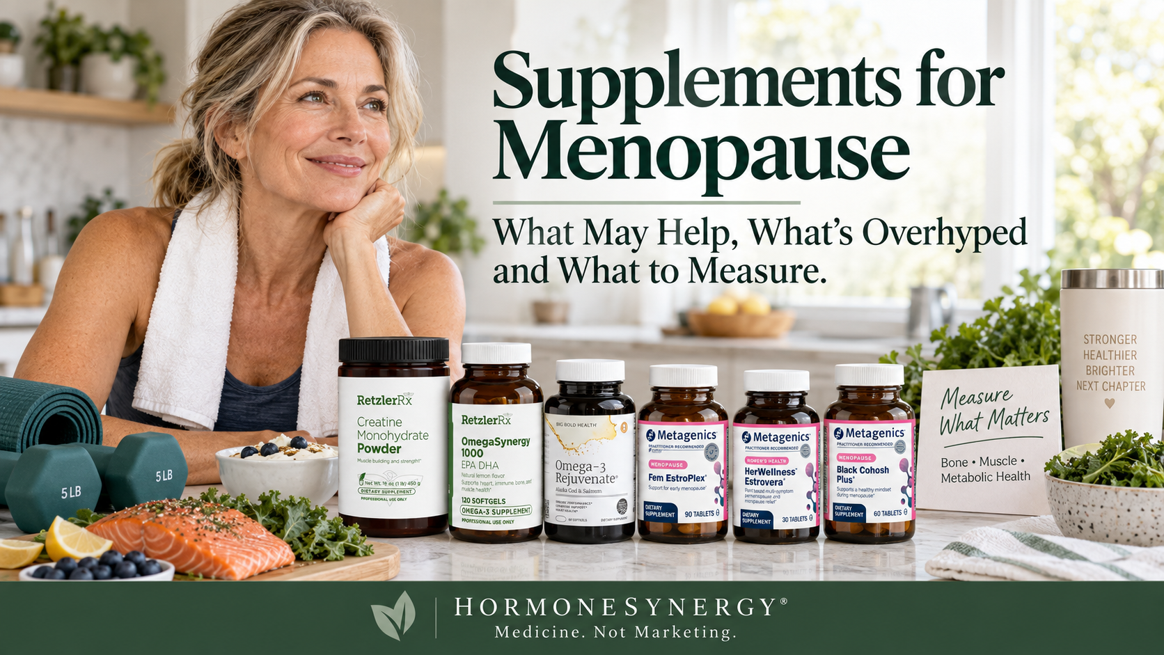 Menopause nutrition and supplements with strength training, calcium-rich foods, omega-3s and body composition monitoring
