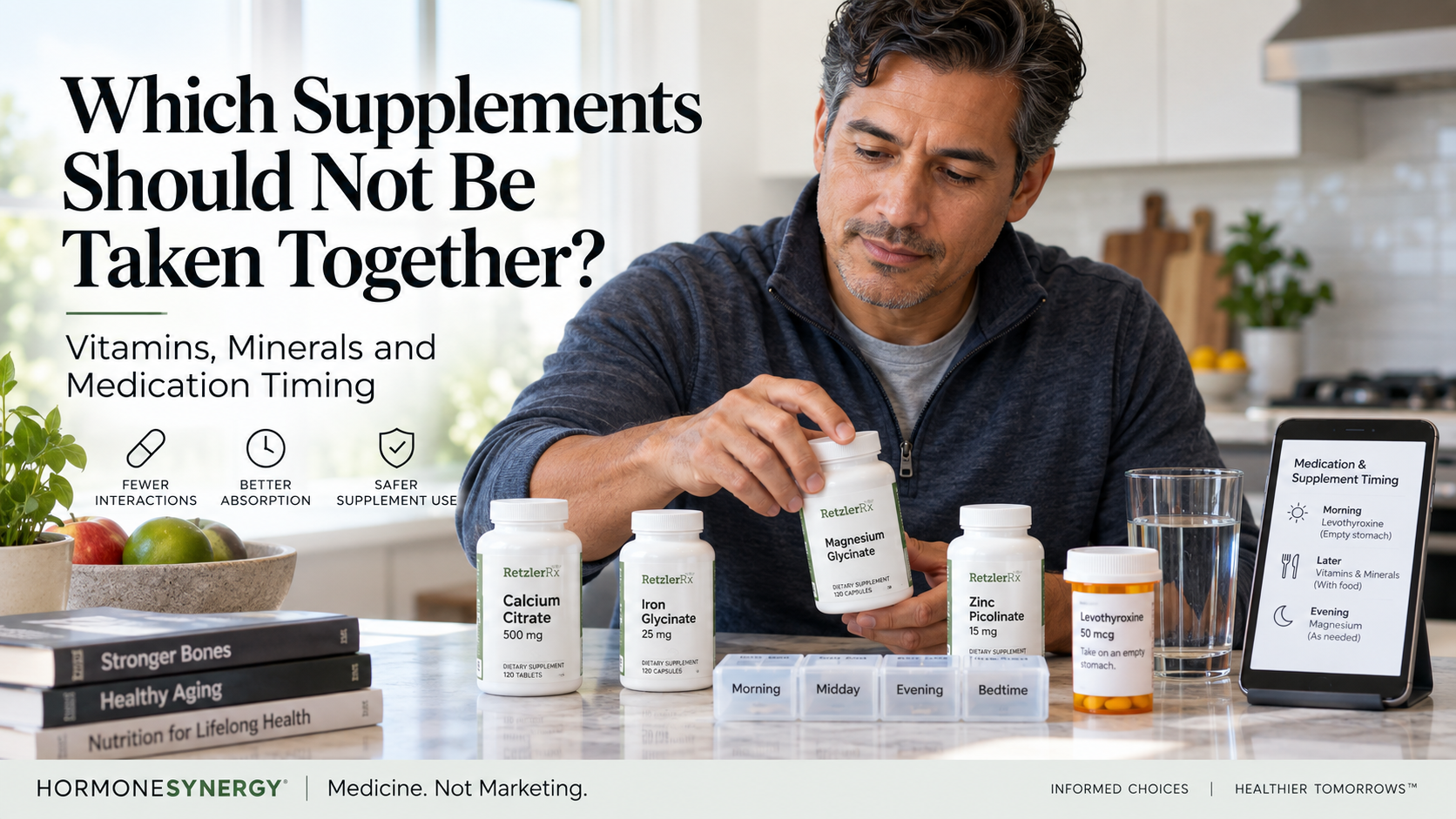 Vitamin and mineral supplement timing with calcium, iron, magnesium, zinc and prescription medications