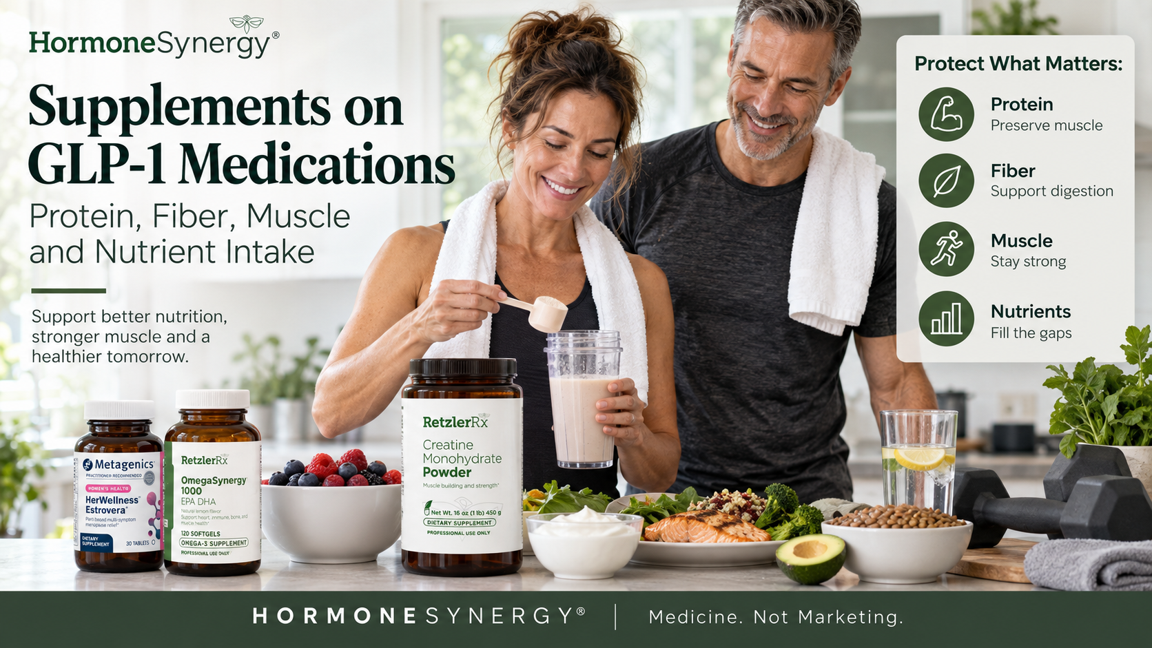 GLP-1 nutrition with protein, creatine, fiber, strength training and nutrient-dense foods to support muscle during weight loss