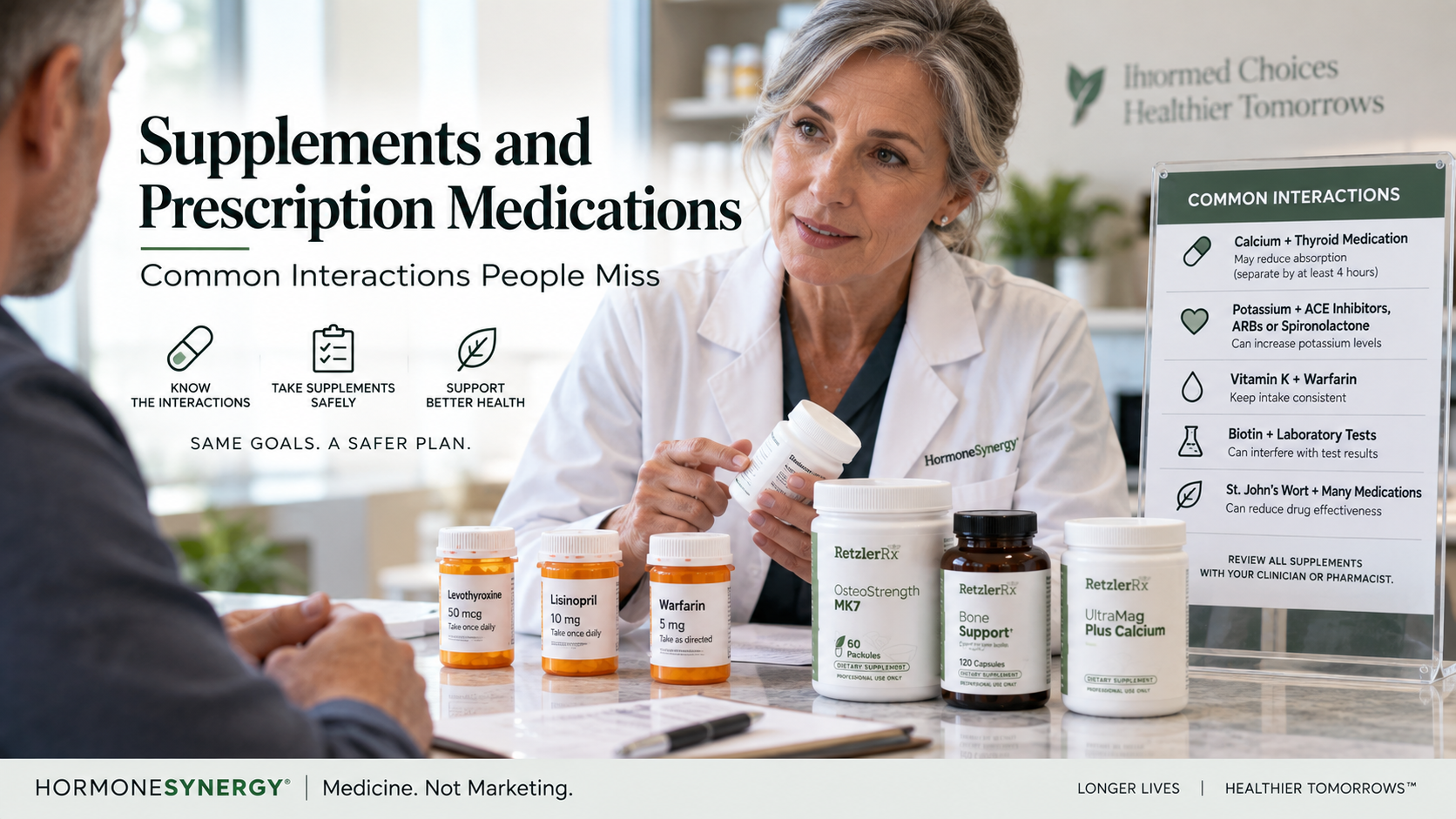 Prescription medications and dietary supplements reviewed together for common drug nutrient interactions and medication timing