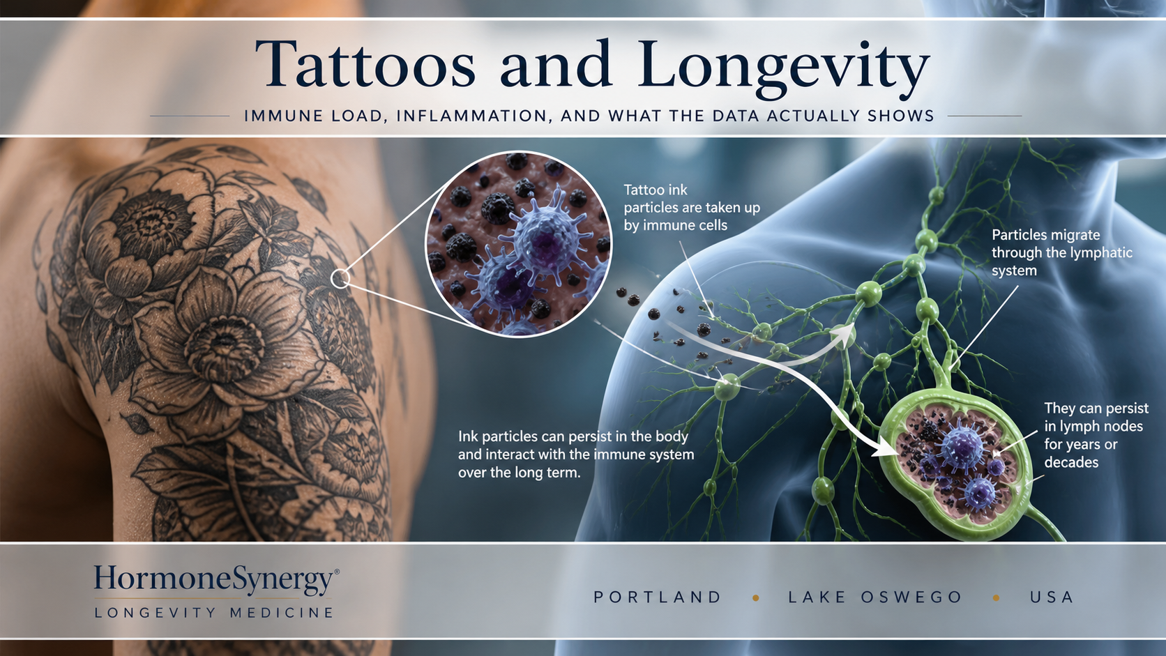 Tattoo ink interacting with lymphatic and immune system pathways in a clinical longevity medicine context