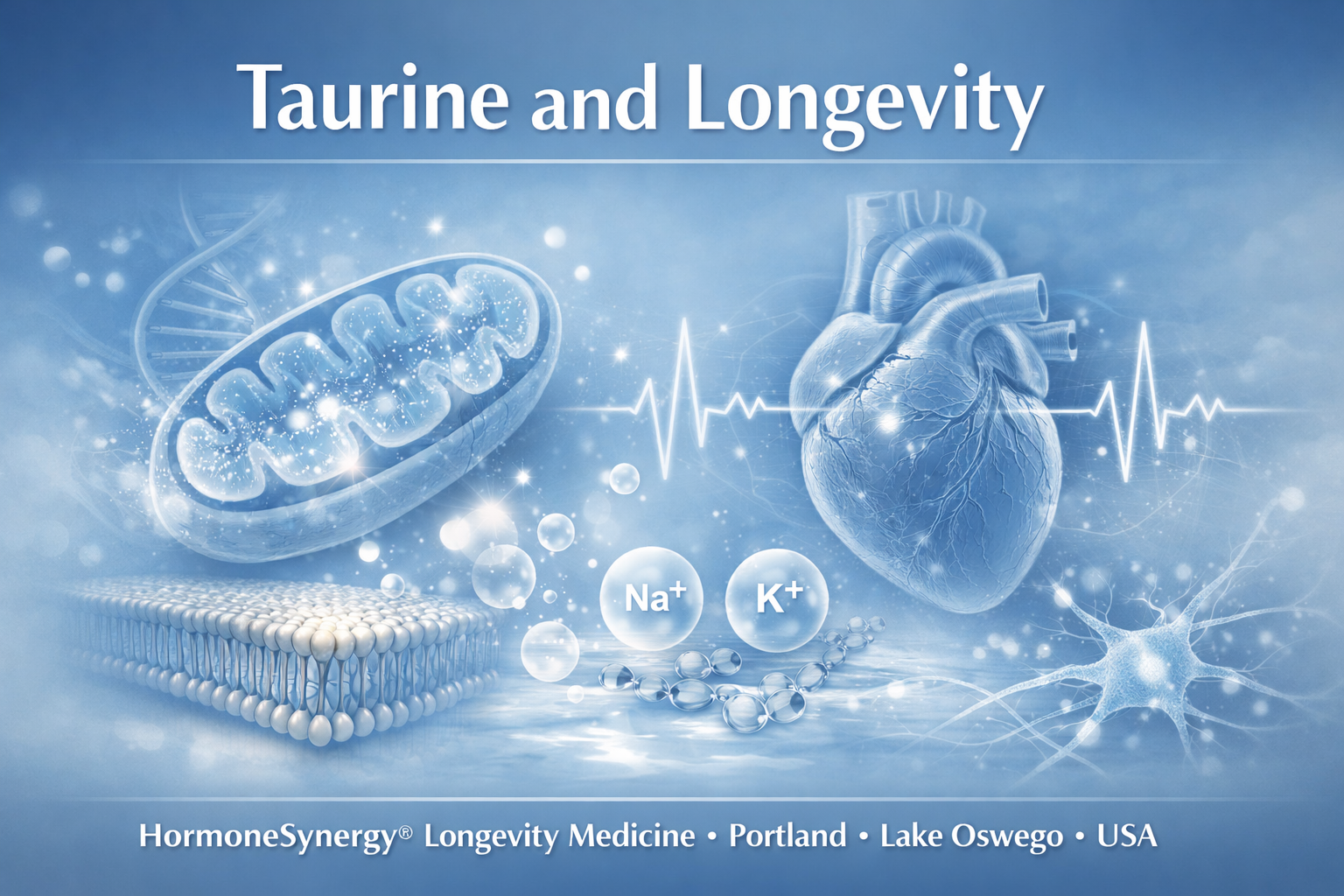 Taurine and Longevity clinical editorial image showing mitochondrial, metabolic, and cardiovascular balance in HormoneSynergy®