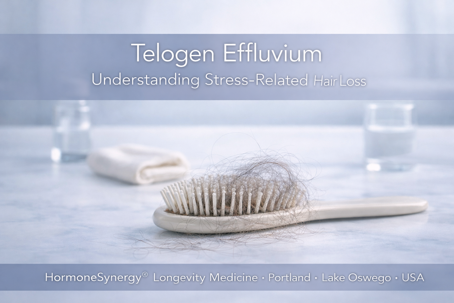 Telogen effluvium stress related hair loss hair shedding brush clinical banner HormoneSynergy Portland Oregon