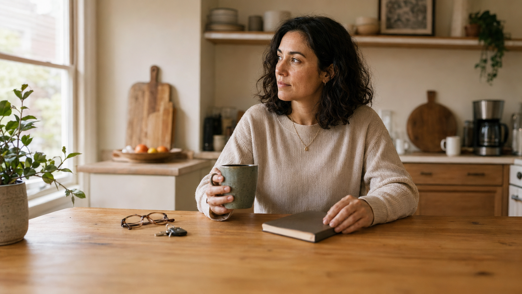 Adult sitting quietly at a kitchen table in morning light, reflecting on anger, emotional regulation, and long-term health.