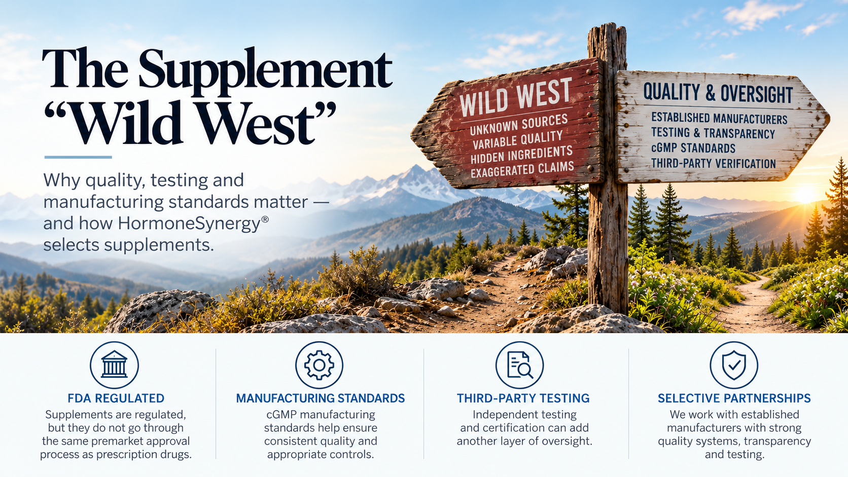 Editorial image illustrating the supplement “Wild West,” contrasting unknown sources and hidden ingredients with quality oversight, cGMP manufacturing standards, third-party testing, and selective manufacturer partnerships.