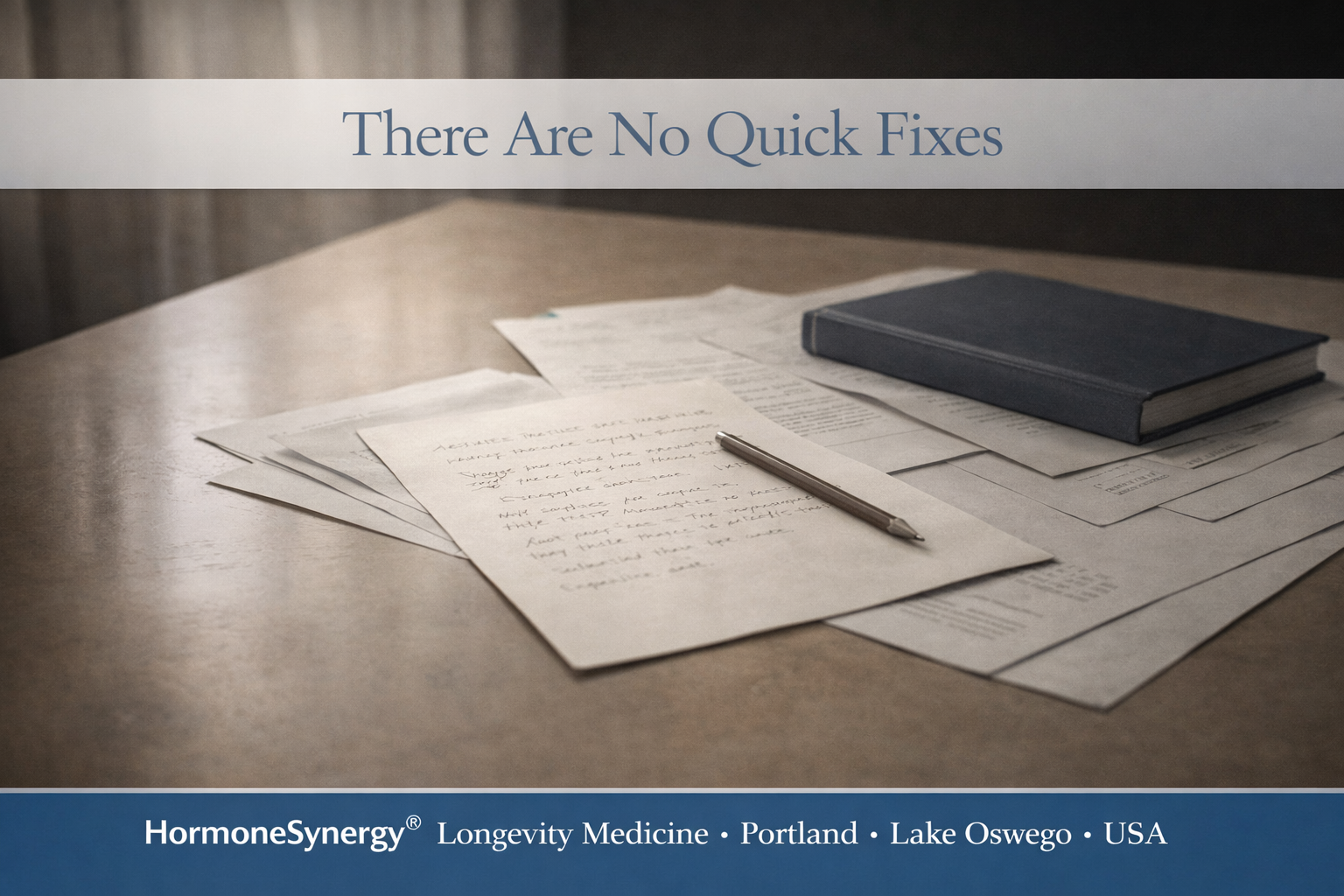 There Are No Quick Fixes hero image for HormoneSynergy® Longevity Medicine showing papers, handwritten notes, and a book on a work surface representing complexity, patience, and thoughtful health change