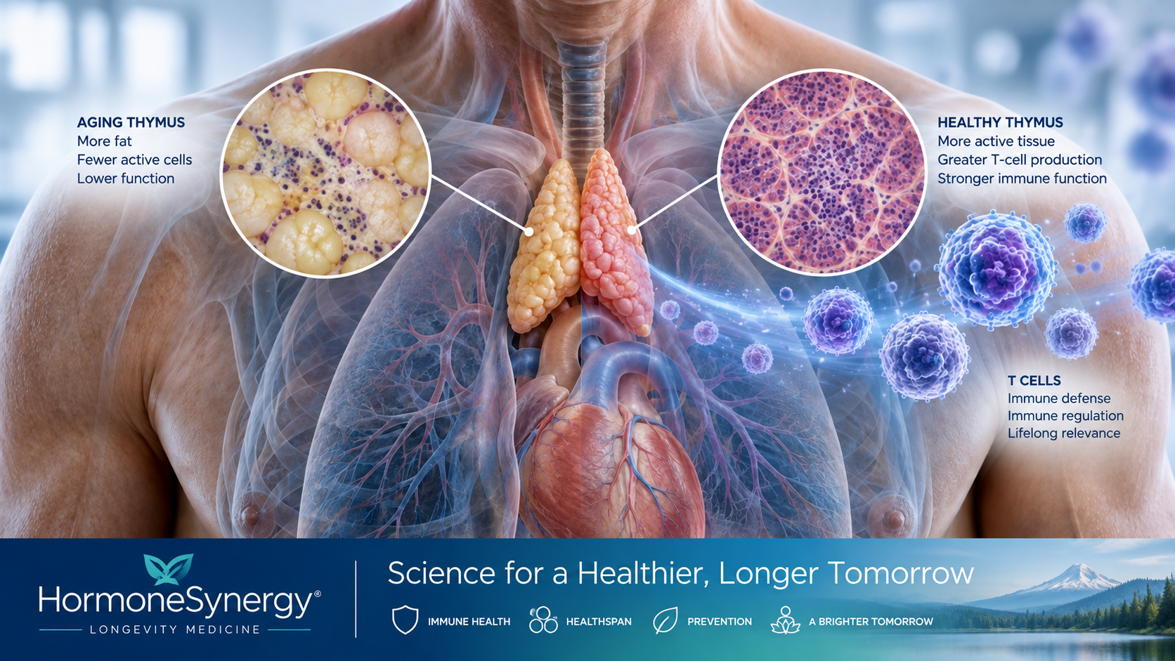 Adult thymus gland and T-cell immune aging illustration showing thymic involution and longevity research