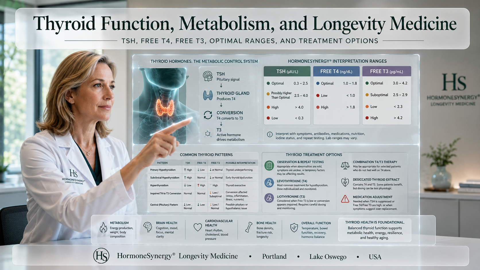 Thyroid function, TSH, Free T4, Free T3, optimal ranges, and thyroid treatment options reviewed through a clinical longevity medicine lens at HormoneSynergy®.