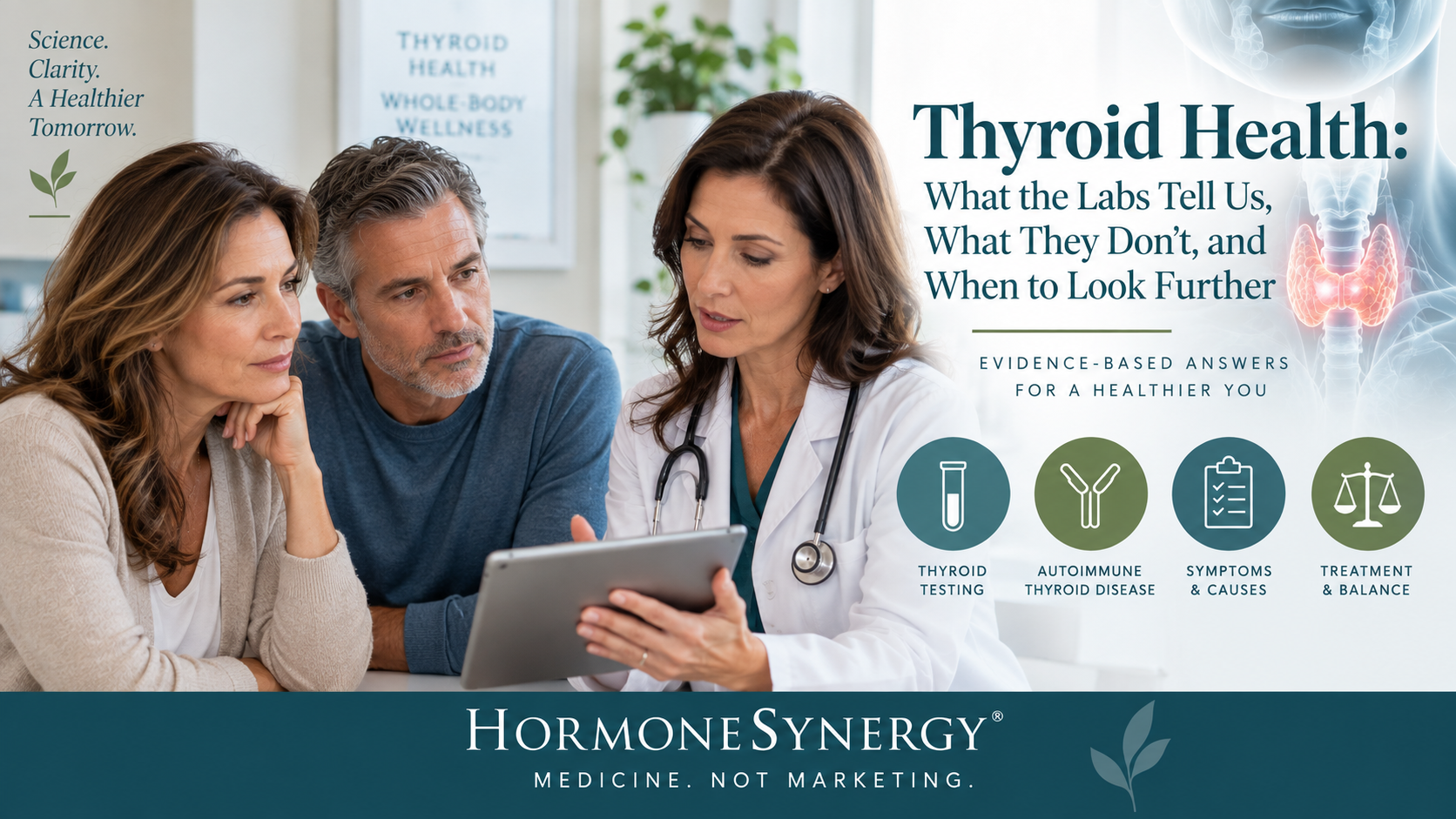 Midlife woman and man reviewing thyroid laboratory testing with a physician in a HormoneSynergy® clinical setting.