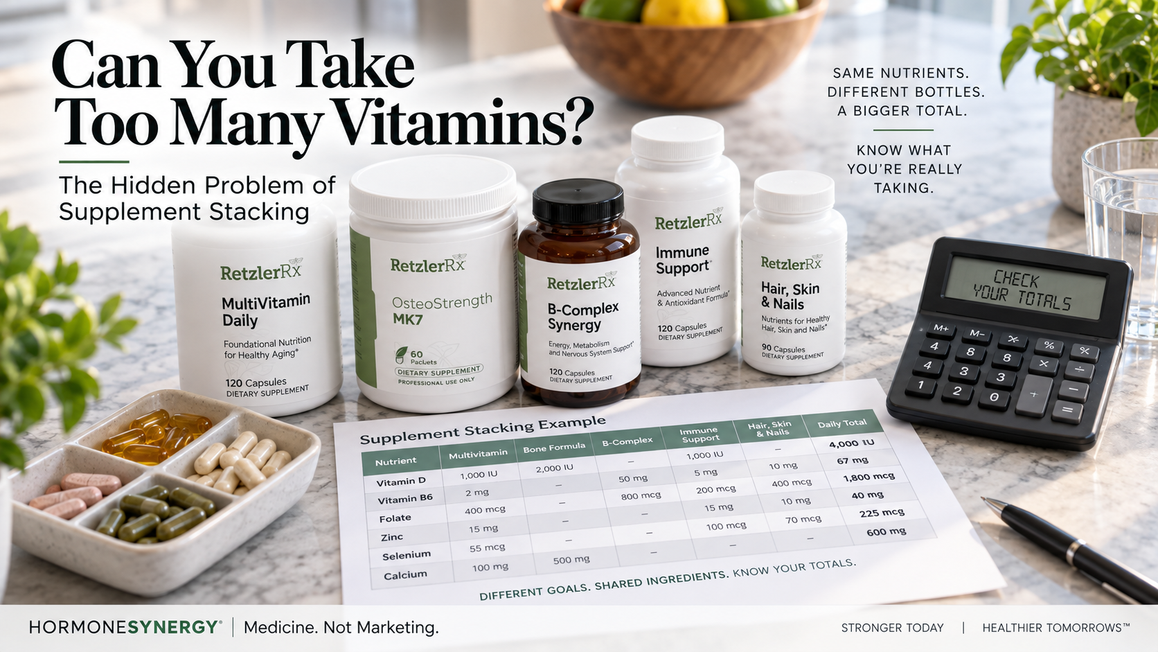 Multiple supplement products showing overlapping vitamin D, B6, zinc and selenium doses from supplement stacking
