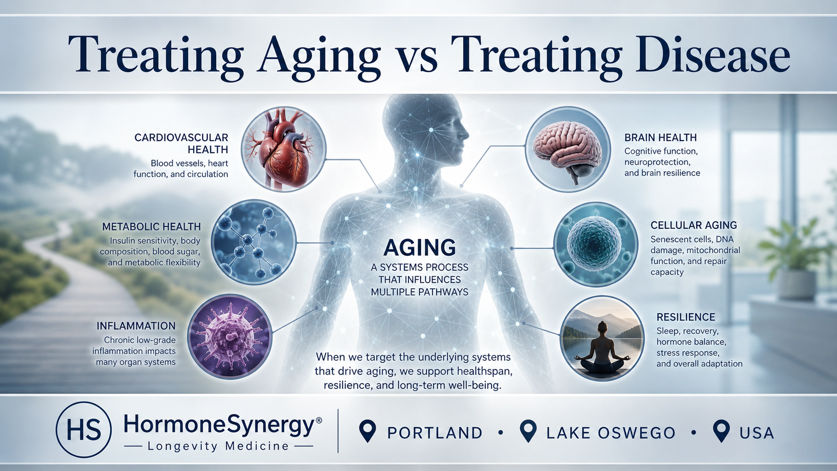 Clinical systems-based visual showing aging, chronic disease, cardiovascular health, brain health, metabolic health, and preventive longevity medicine.