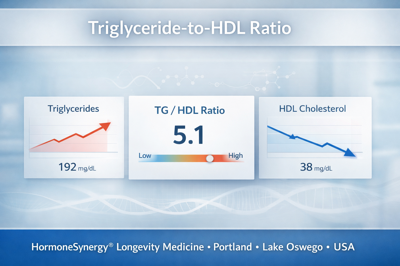 Triglyceride to HDL ratio clinical dashboard showing metabolic health trends for HormoneSynergy longevity medicine
