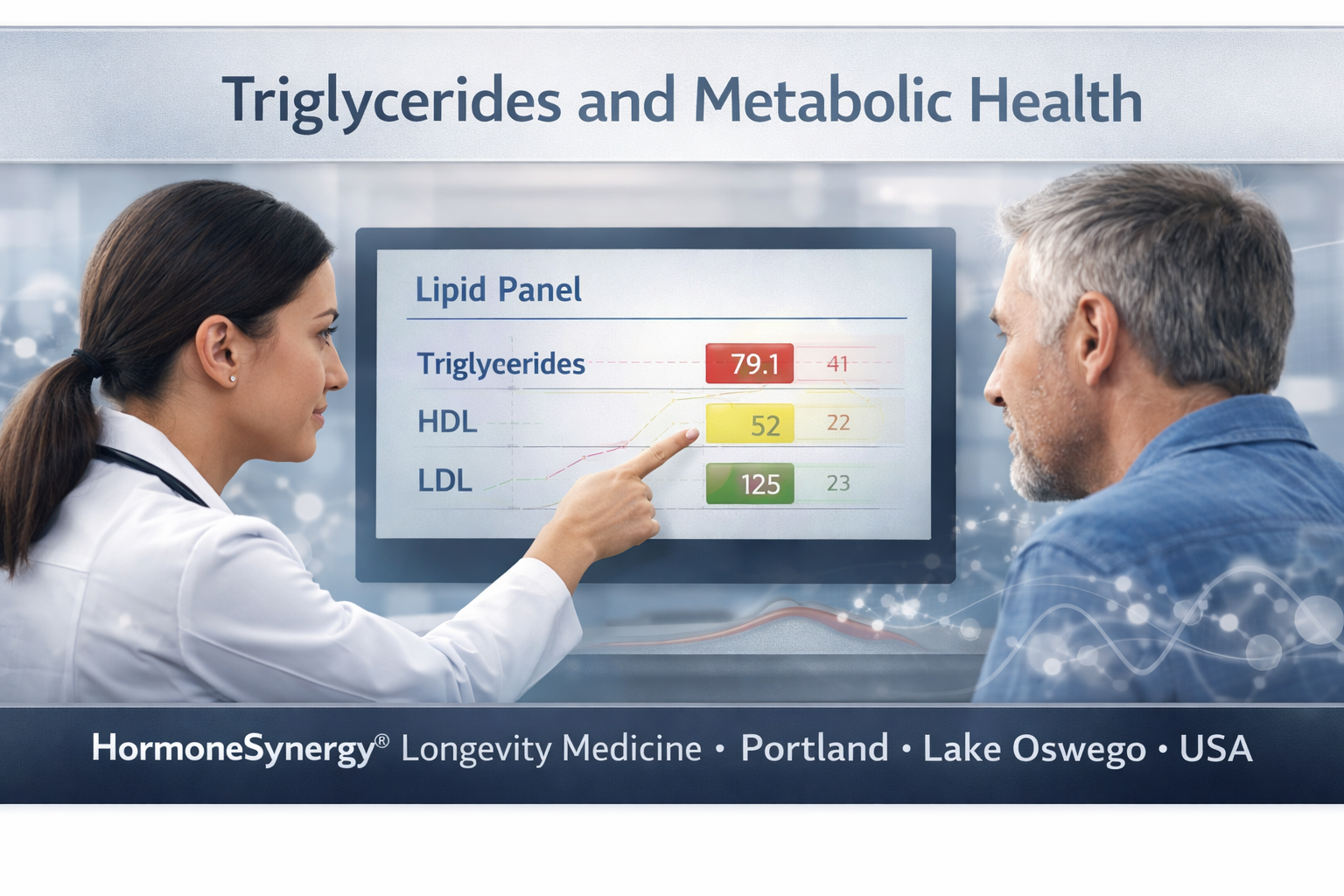 Triglycerides metabolic health concept showing physician reviewing lipid panel and metabolic markers HormoneSynergy Portland Oregon USA