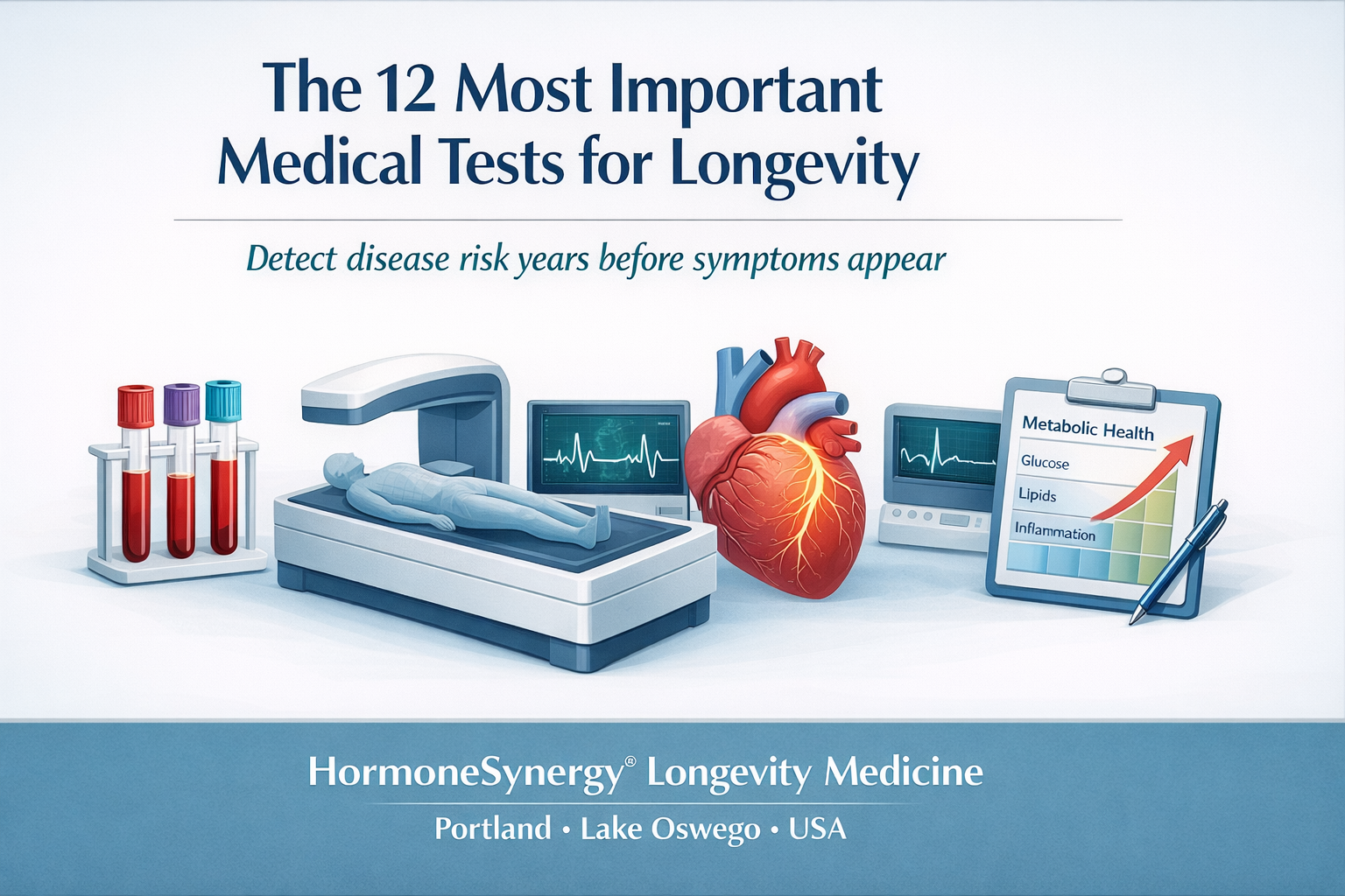 Medical tests for longevity including blood biomarkers, DEXA body composition scans, and cardiovascular imaging for early disease detection.