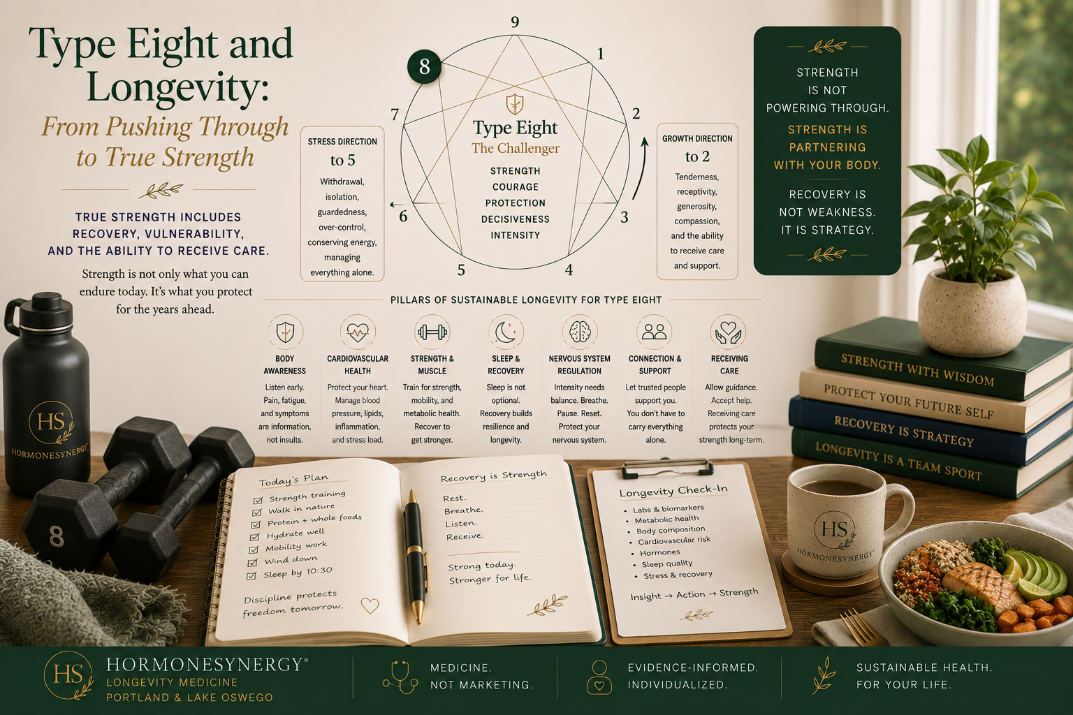 Enneagram Type Eight longevity image showing true strength, recovery, body awareness, and sustainable health habits in the HormoneSynergy approach.