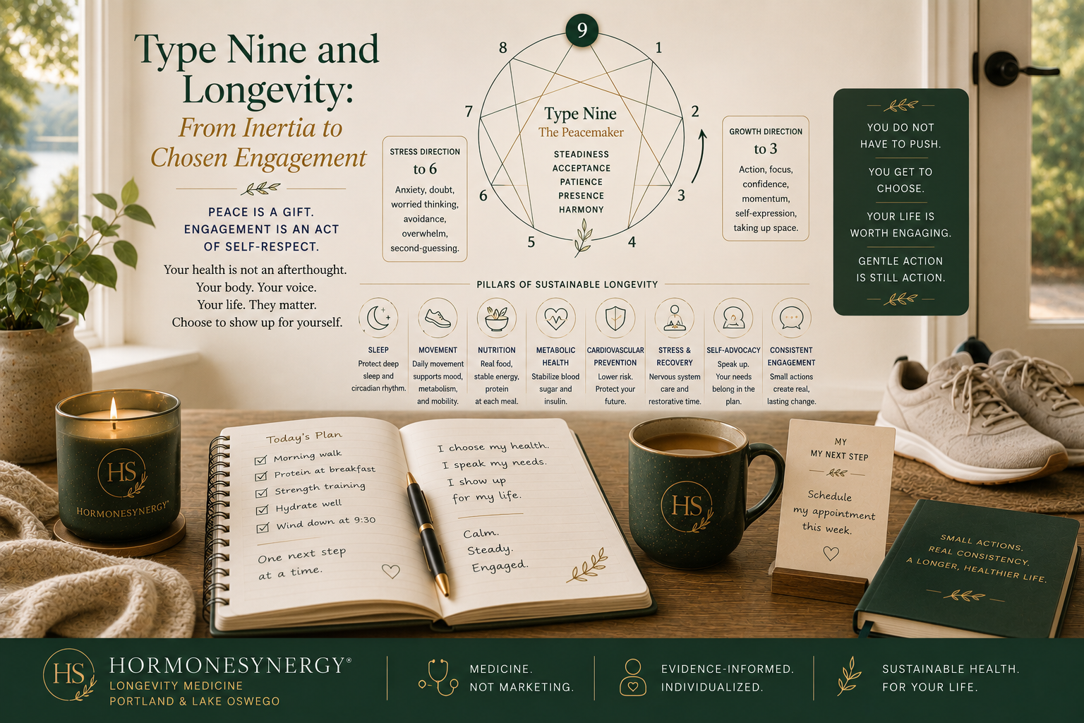 Enneagram Type Nine longevity image showing gentle activation, self-advocacy, chosen engagement, and sustainable health habits in the HormoneSynergy approach.
