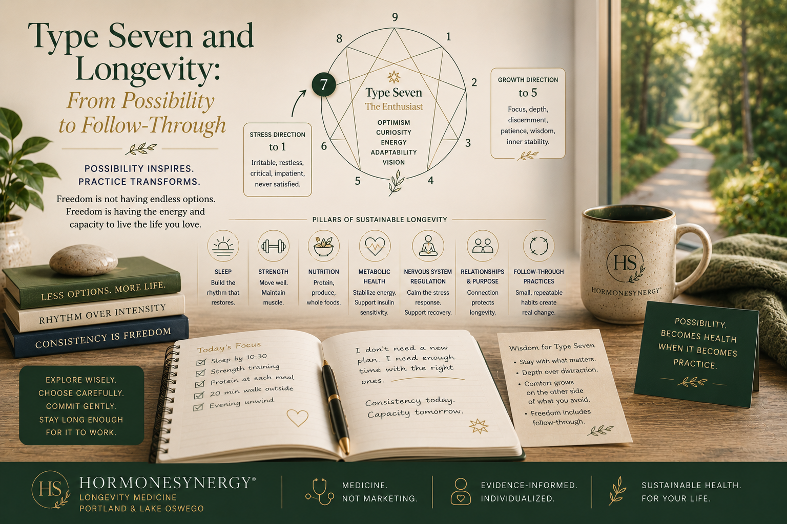 Enneagram Type Seven longevity image showing possibility, follow-through, consistency, and grounded health practices in the HormoneSynergy approach.