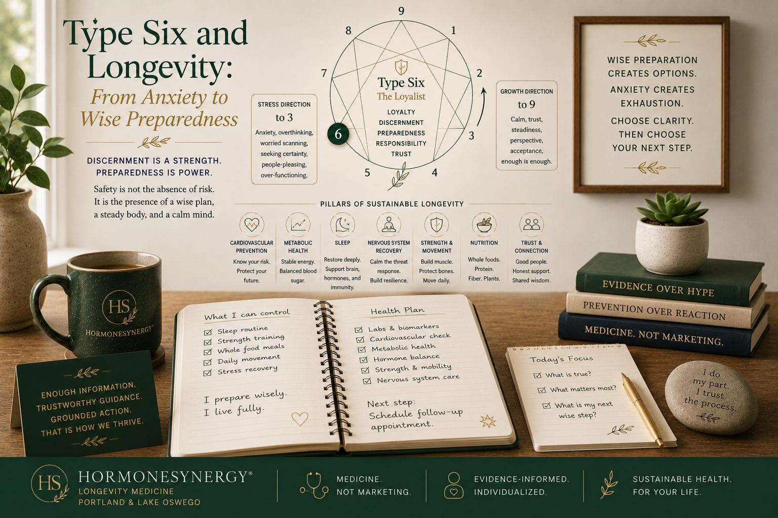 Enneagram Type Six longevity image showing anxiety becoming wise preparedness, grounded prevention, trust, and sustainable health habits in the HormoneSynergy approach.