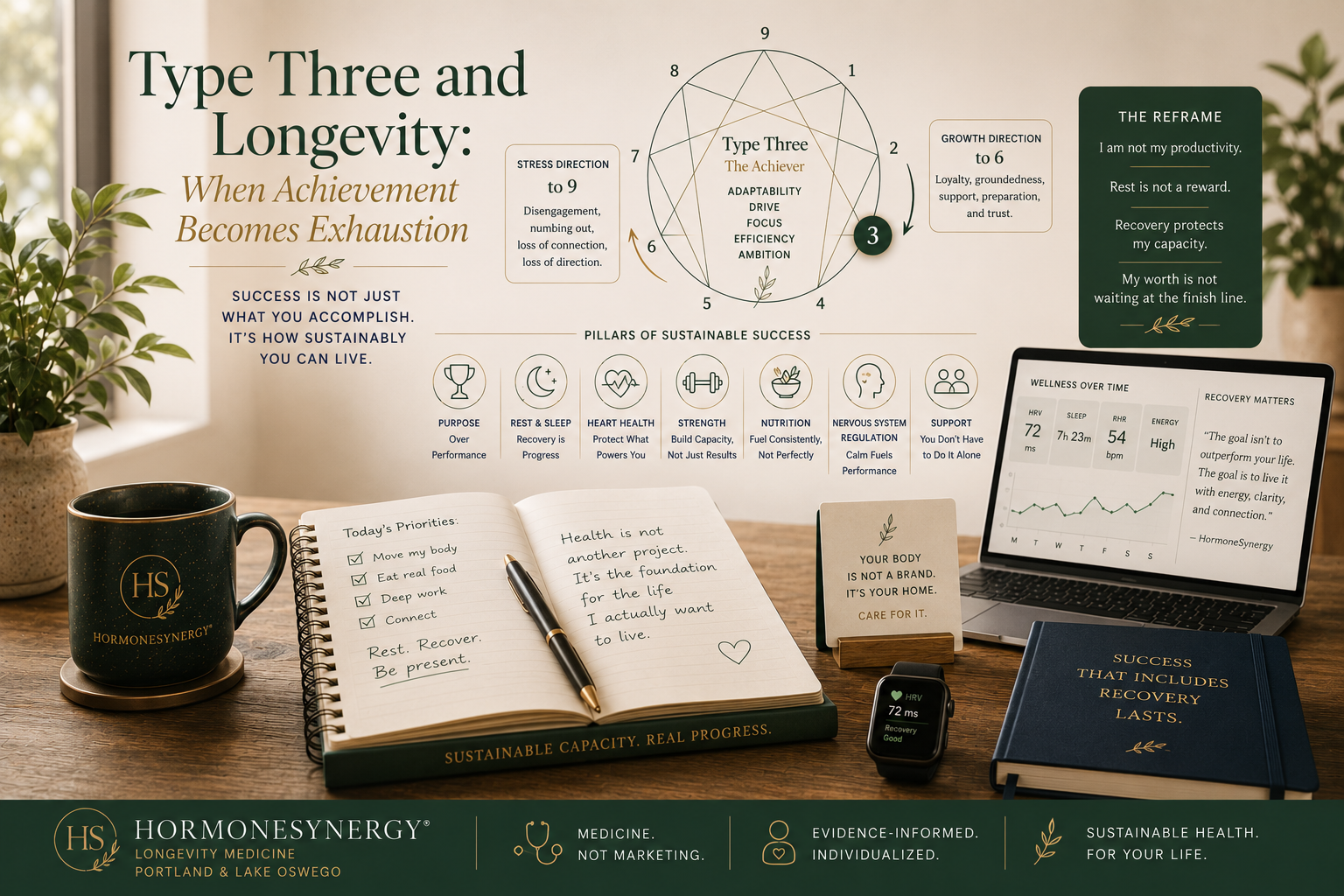 Enneagram Type Three longevity image showing achievement, recovery, sustainable capacity, and health beyond performance in the HormoneSynergy approach.