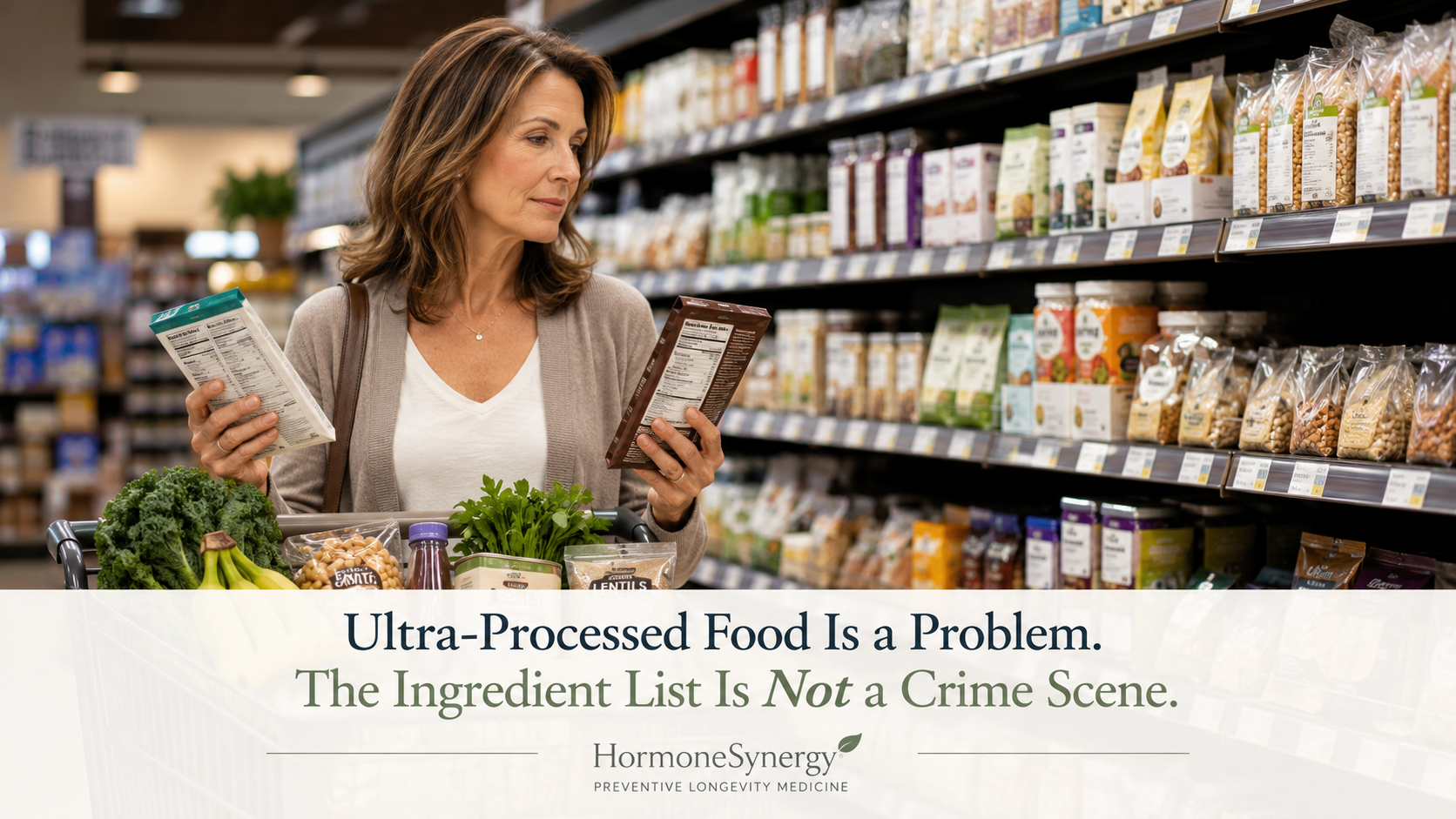 Woman calmly reading a packaged-food ingredient label while shopping for a balanced mix of fresh and convenient foods.
