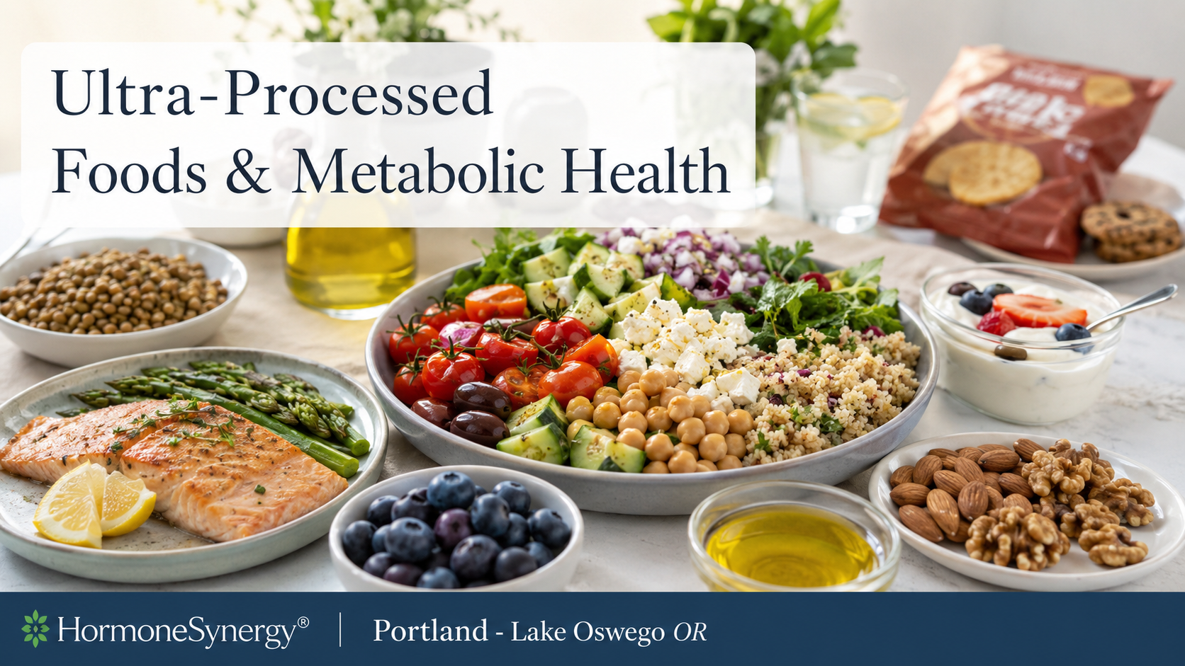 Plant- and protein-forward Mediterranean meal contrasted with ultra-processed food, representing metabolic health and sustainable longevity nutrition.