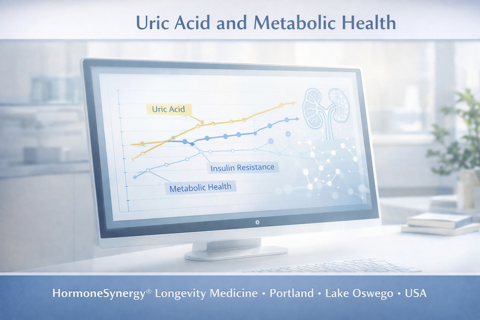 Uric acid and metabolic health concept showing clean clinical display with metabolic and kidney related trend visualization HormoneSynergy Portland Oregon USA