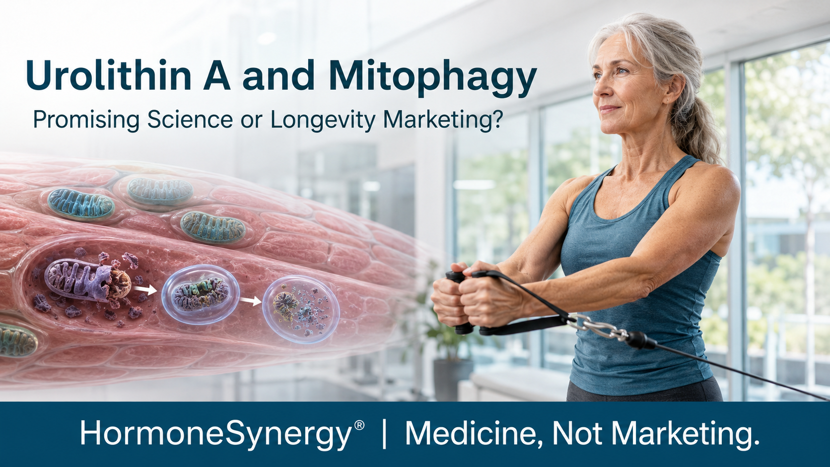 Older adult strength training with a mitochondrial health visualization illustrating urolithin A, mitophagy and longevity research.