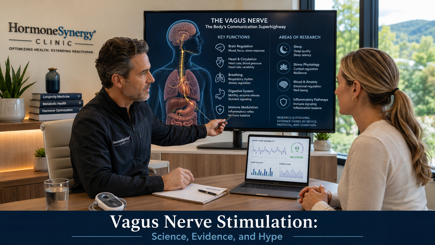 Clinician explaining vagus nerve stimulation, stress physiology, sleep, and autonomic regulation in a modern HormoneSynergy clinic setting.