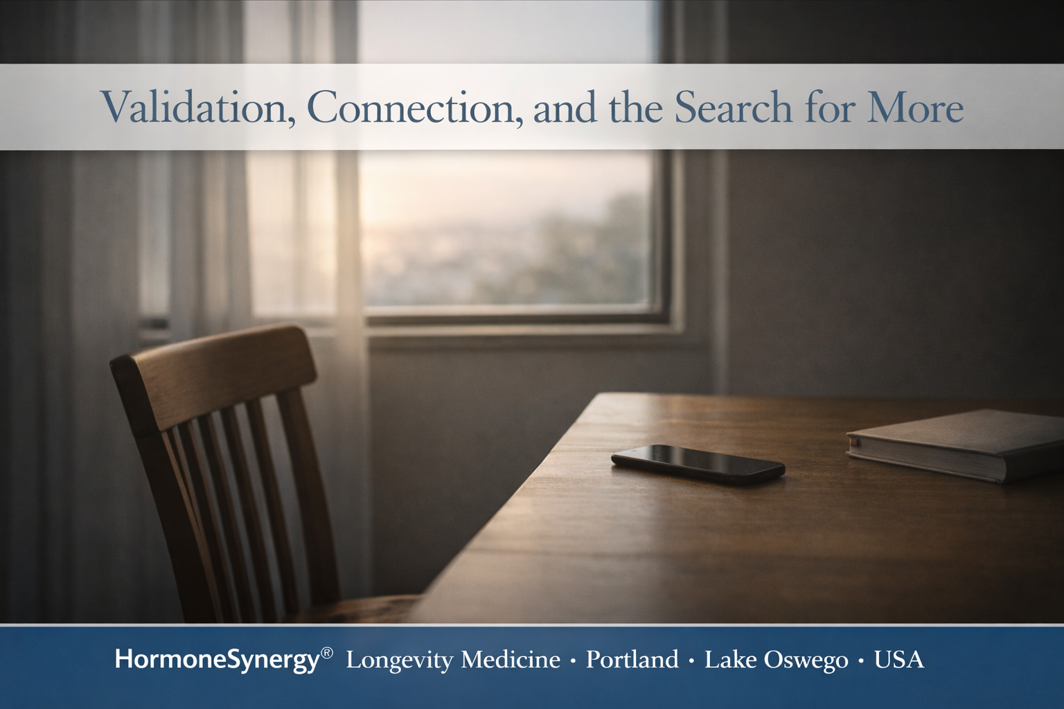 Validation, Connection, and the Search for More hero image for HormoneSynergy® Longevity Medicine showing an empty chair by a window with a phone and book representing loneliness, searching, connection, and deeper human need