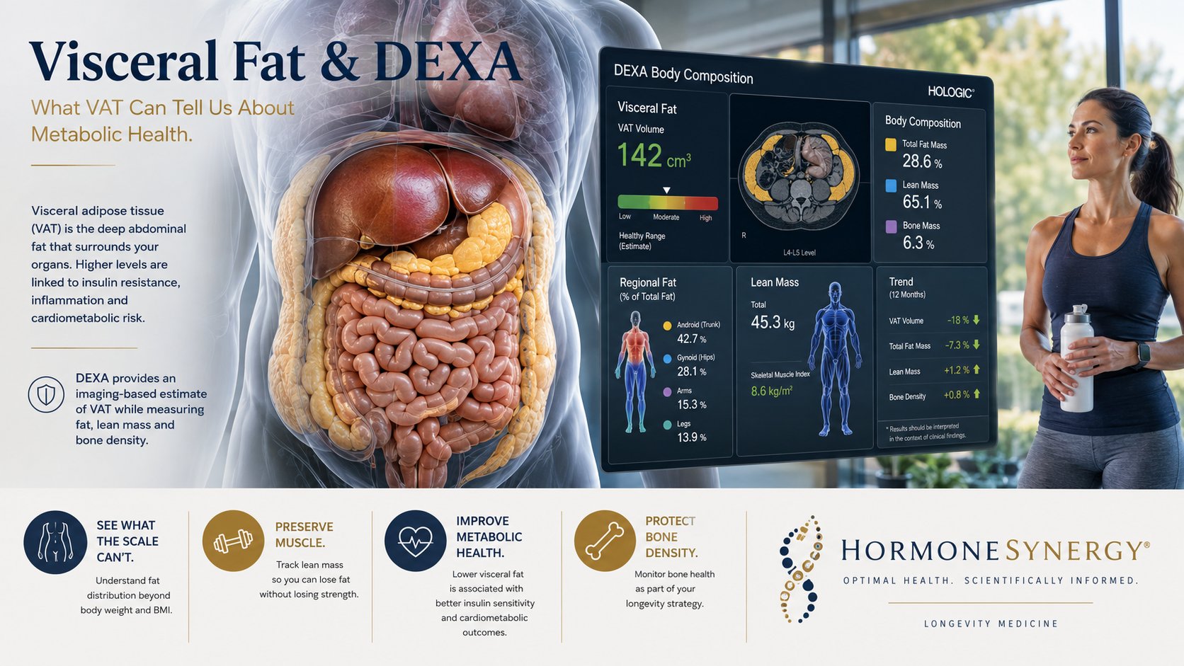 Visceral fat and DEXA body composition illustration showing abdominal VAT, lean mass and metabolic health assessment by HormoneSynergy®.