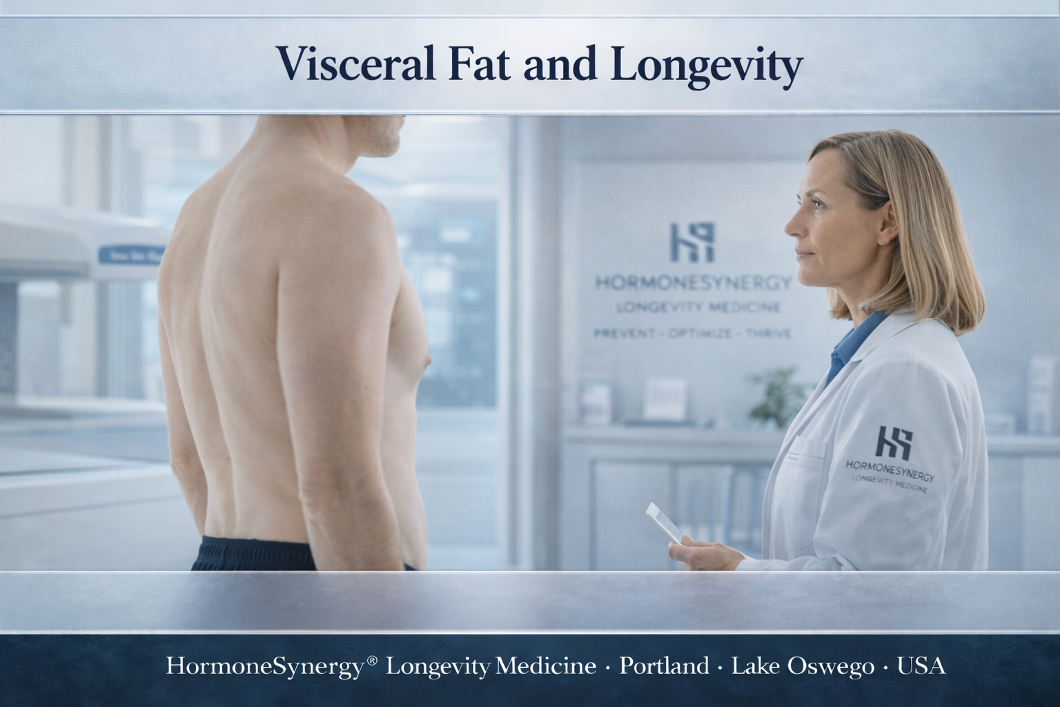 Clinical longevity medicine banner illustrating visceral fat, metabolic risk, and body composition assessment beyond body weight alone.