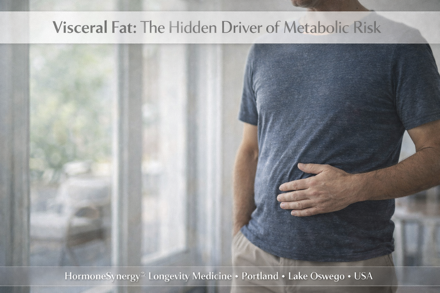 Adult standing in natural light representing visceral fat and metabolic health risk without visible obesity cues