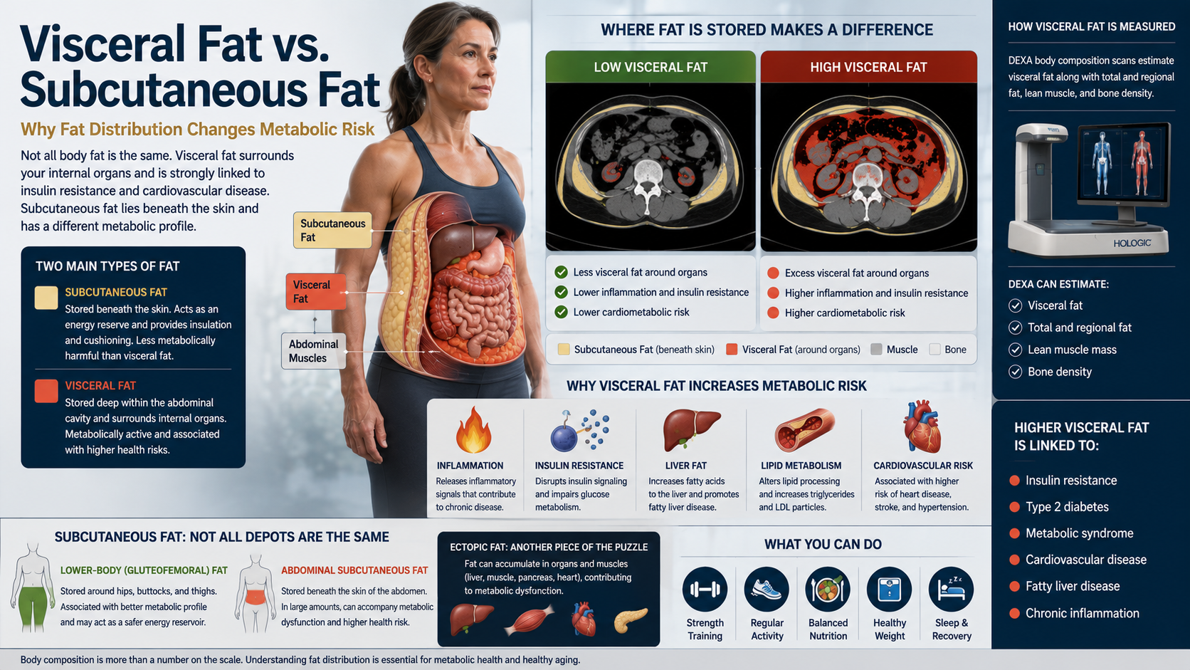 Anatomical comparison of visceral fat around abdominal organs and subcutaneous fat beneath the skin showing differences in metabolic risk.