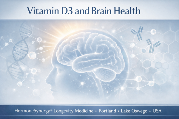Vitamin D3 and brain health clinical illustration showing neuroprotection, inflammation balance, and cognitive longevity pathways