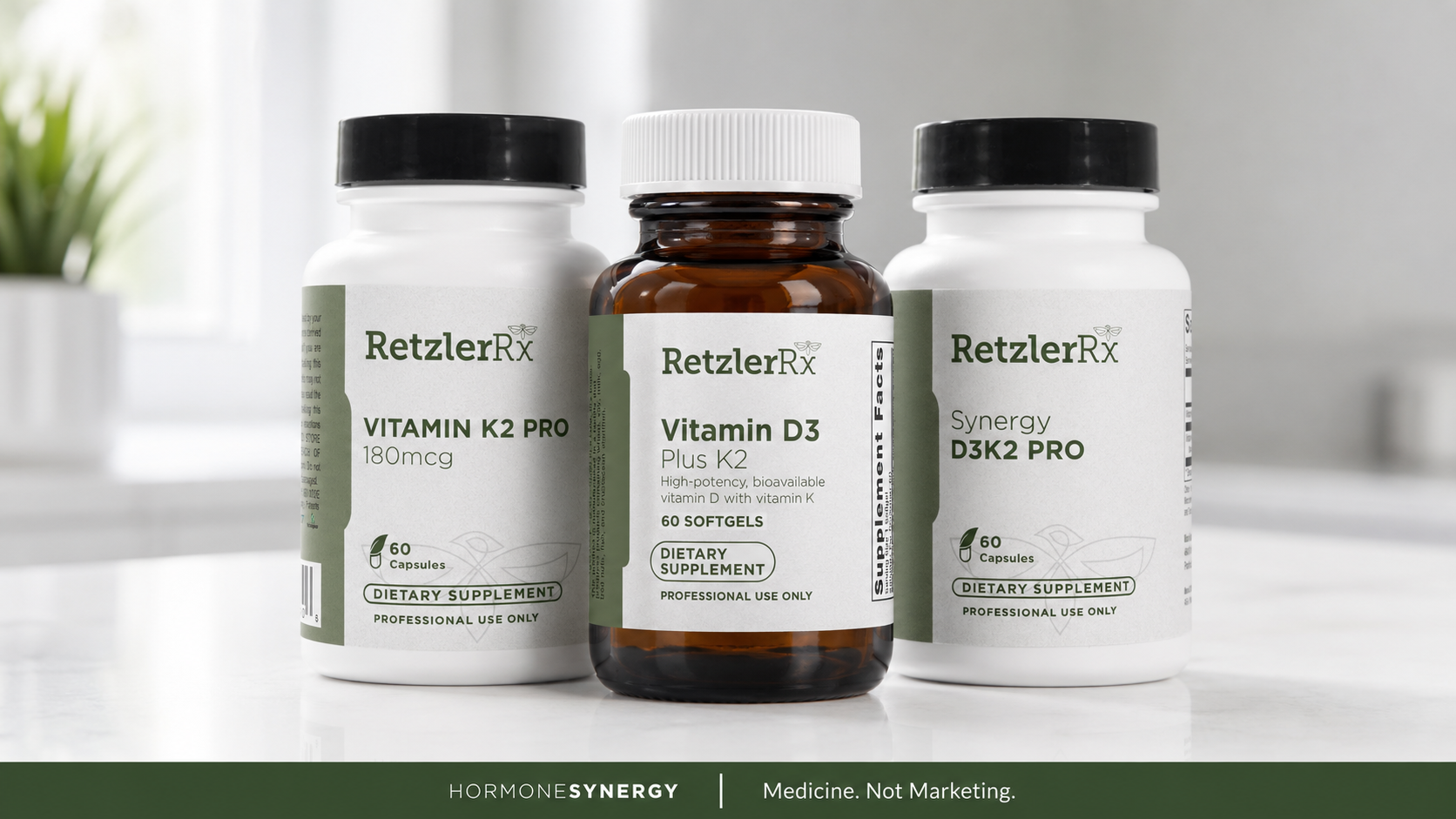 RetzlerRx Vitamin D3 Plus K2, Synergy D3K2 Pro and Vitamin K2 Pro supplements displayed together for an article explaining whether vitamin D and K2 need to be combined.