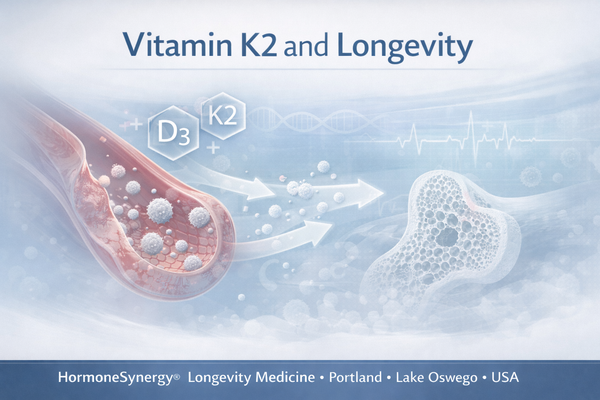 Vitamin K2 and longevity clinical illustration showing calcium direction, bone support, and arterial health balance