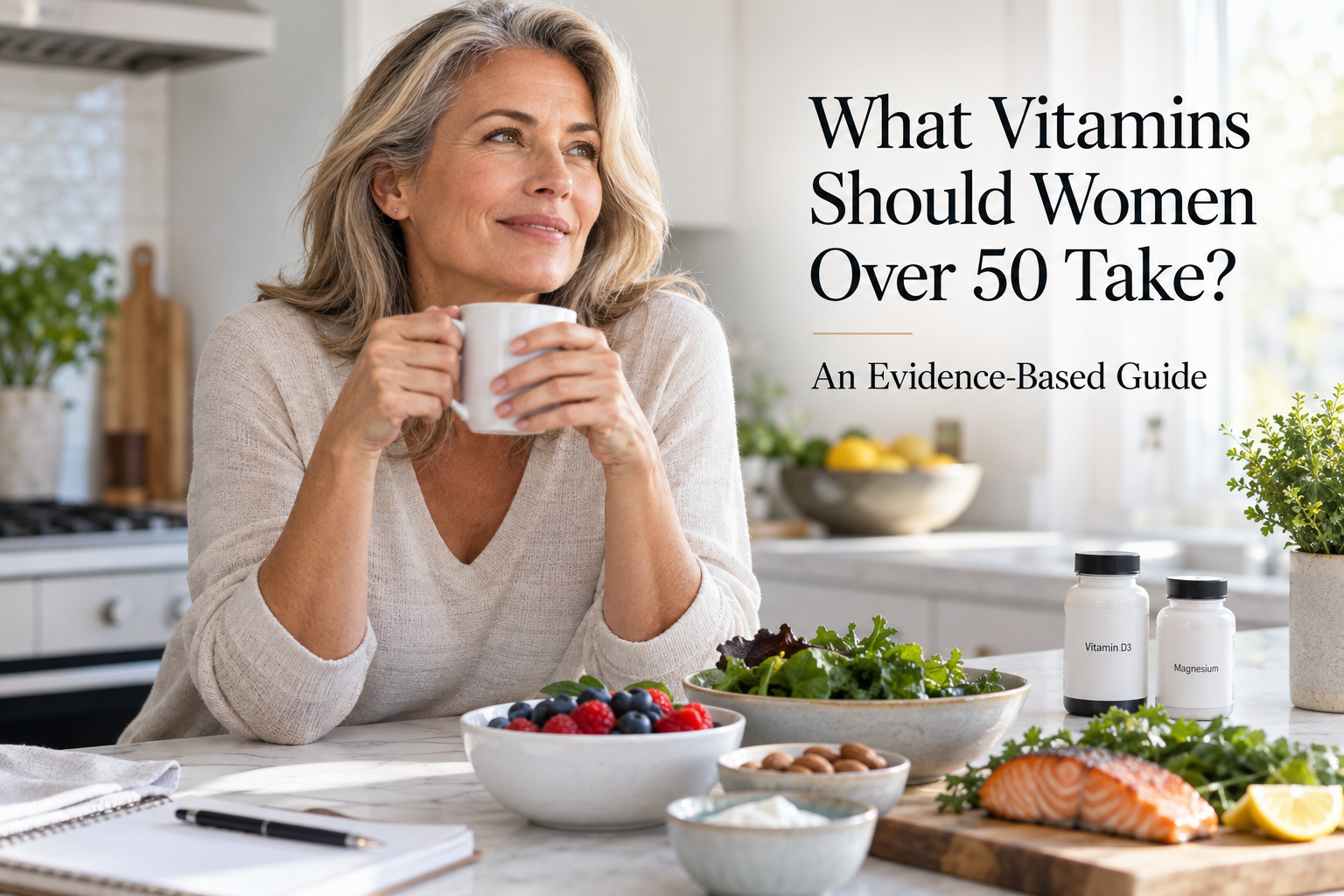 Woman over 50 reviewing nutrition and vitamins for healthy aging and menopause